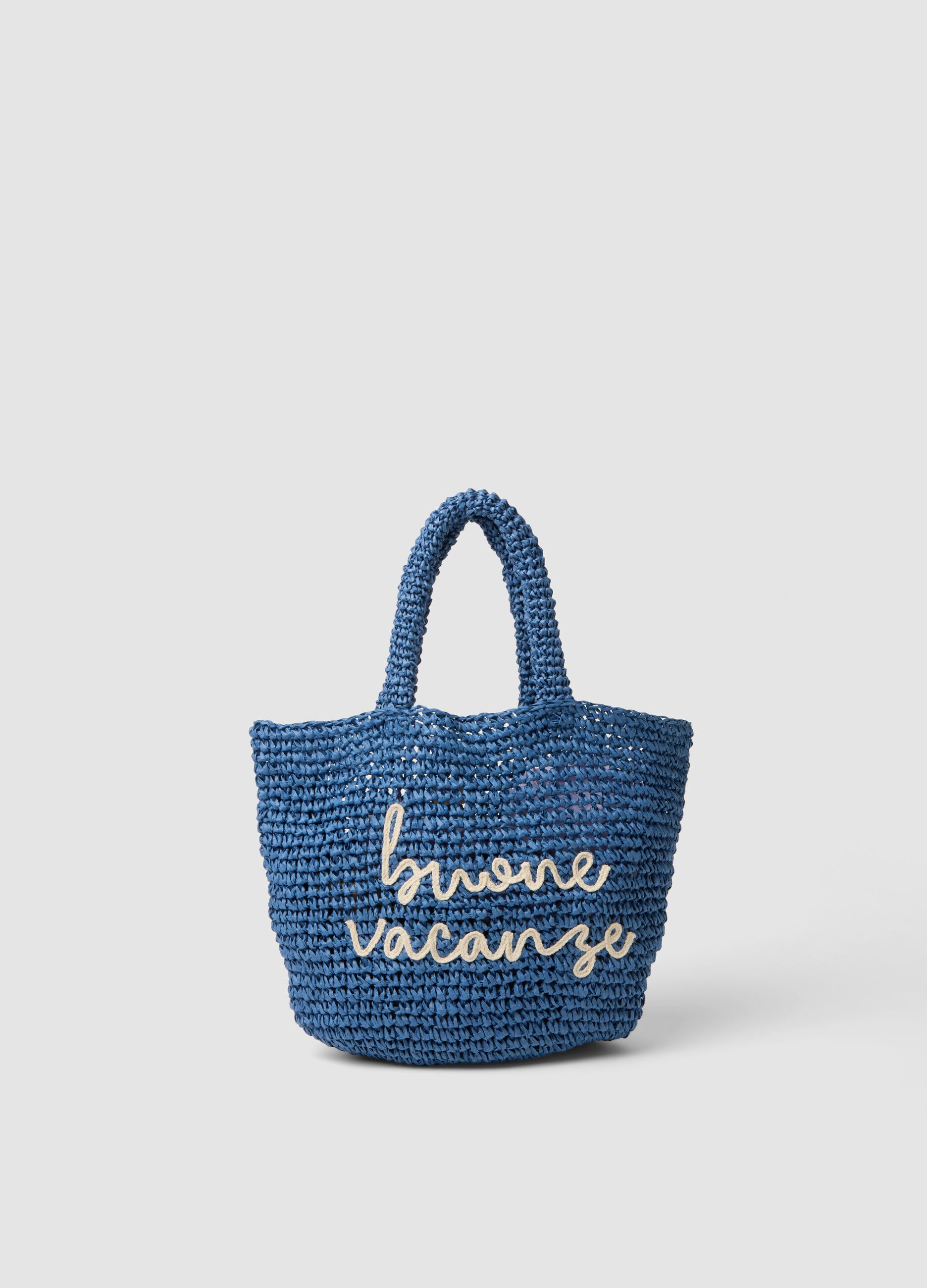 Blue beach bag in pure woven paper fabric