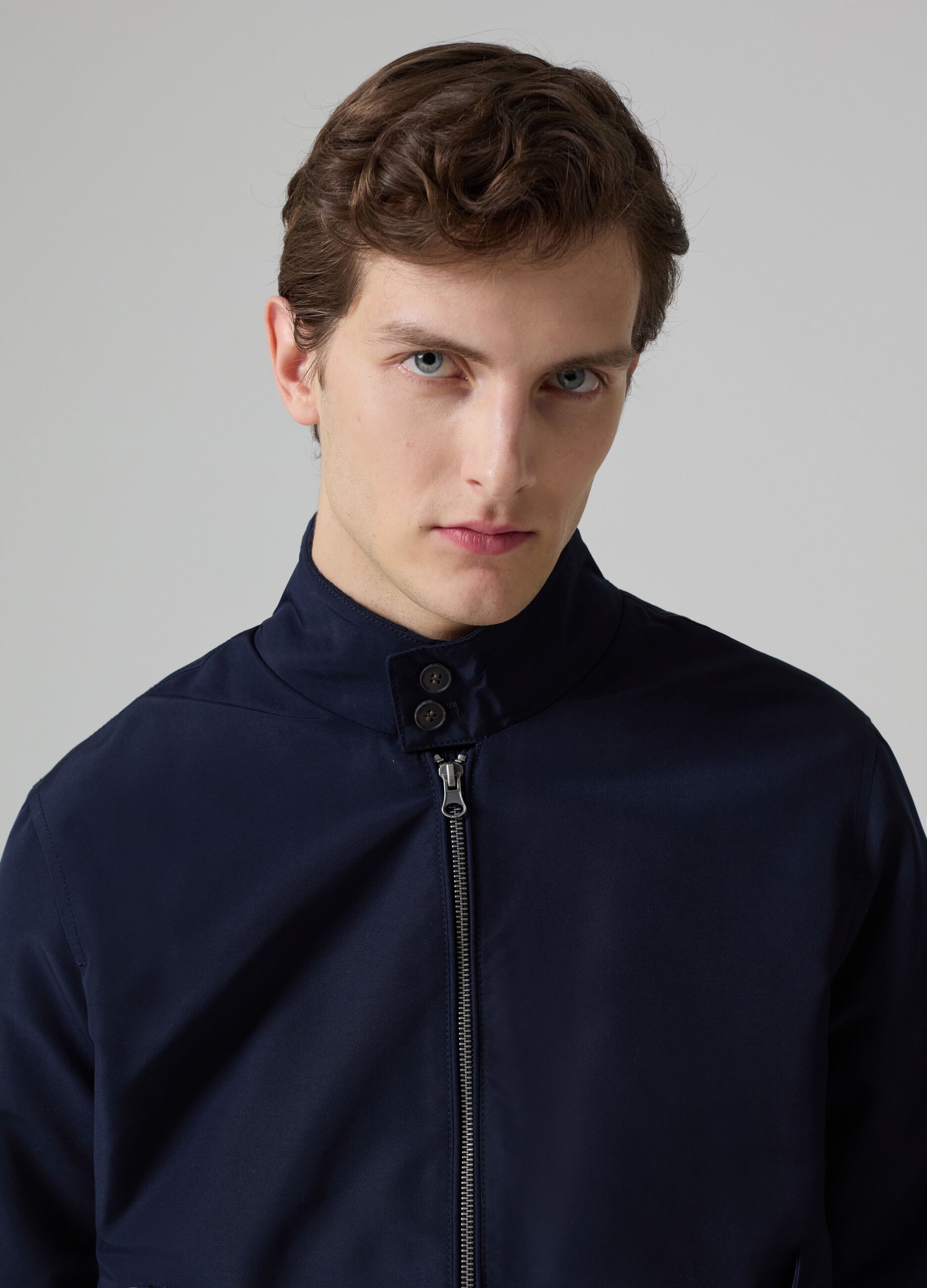 Full-zip bomber jacket with high neck and buttons