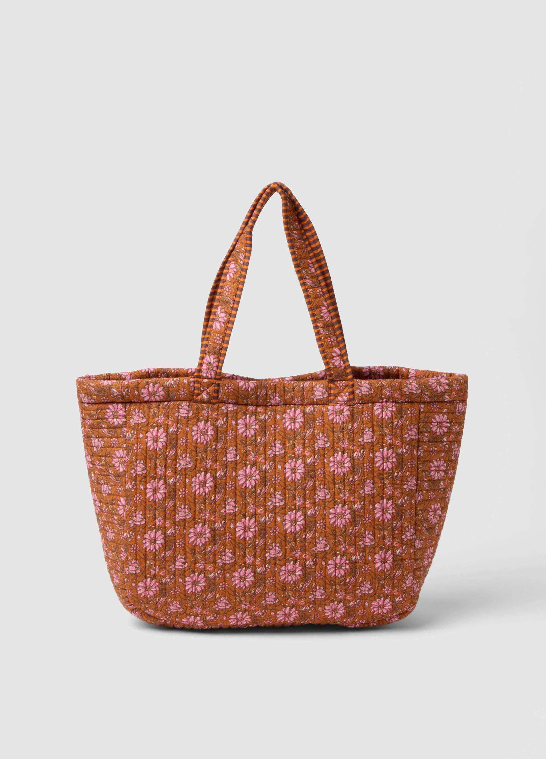 Multicolour pure cotton beach bag with floral pattern