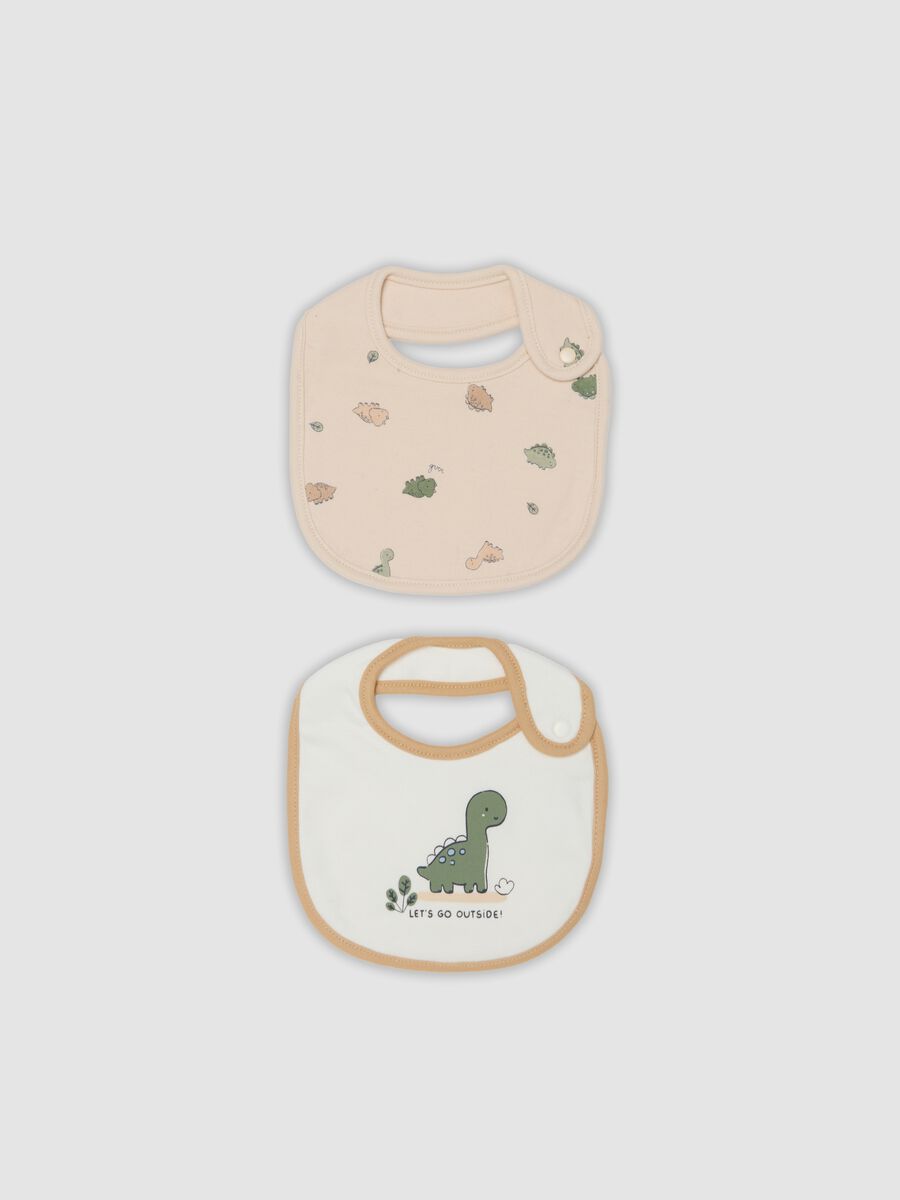 2-pack beige dinosaur print bibs in pure organic cotton_0