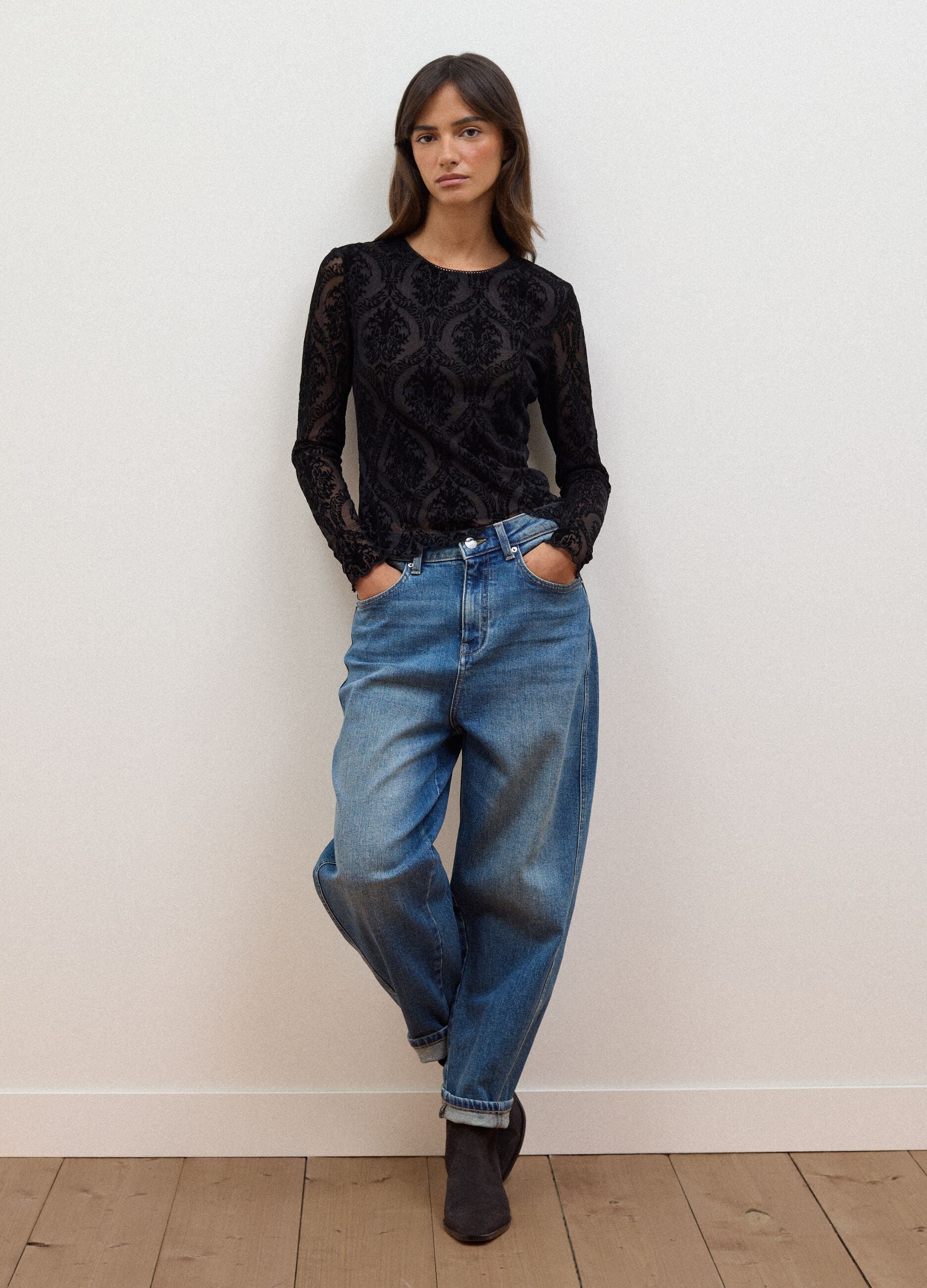 Black regular-fit T-shirt in sheer stretch fabric with pattern