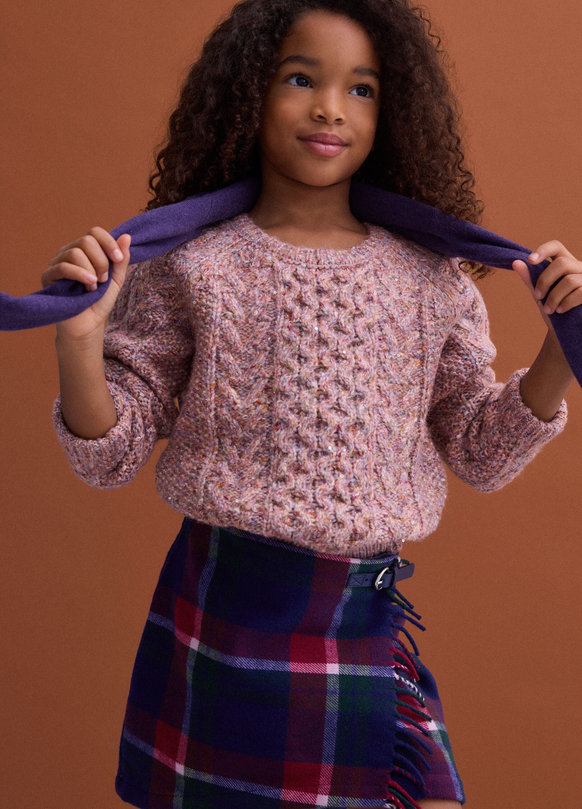 Saia tartan &agrave;s riscas regular fit em mistura de l&atilde; e viscose