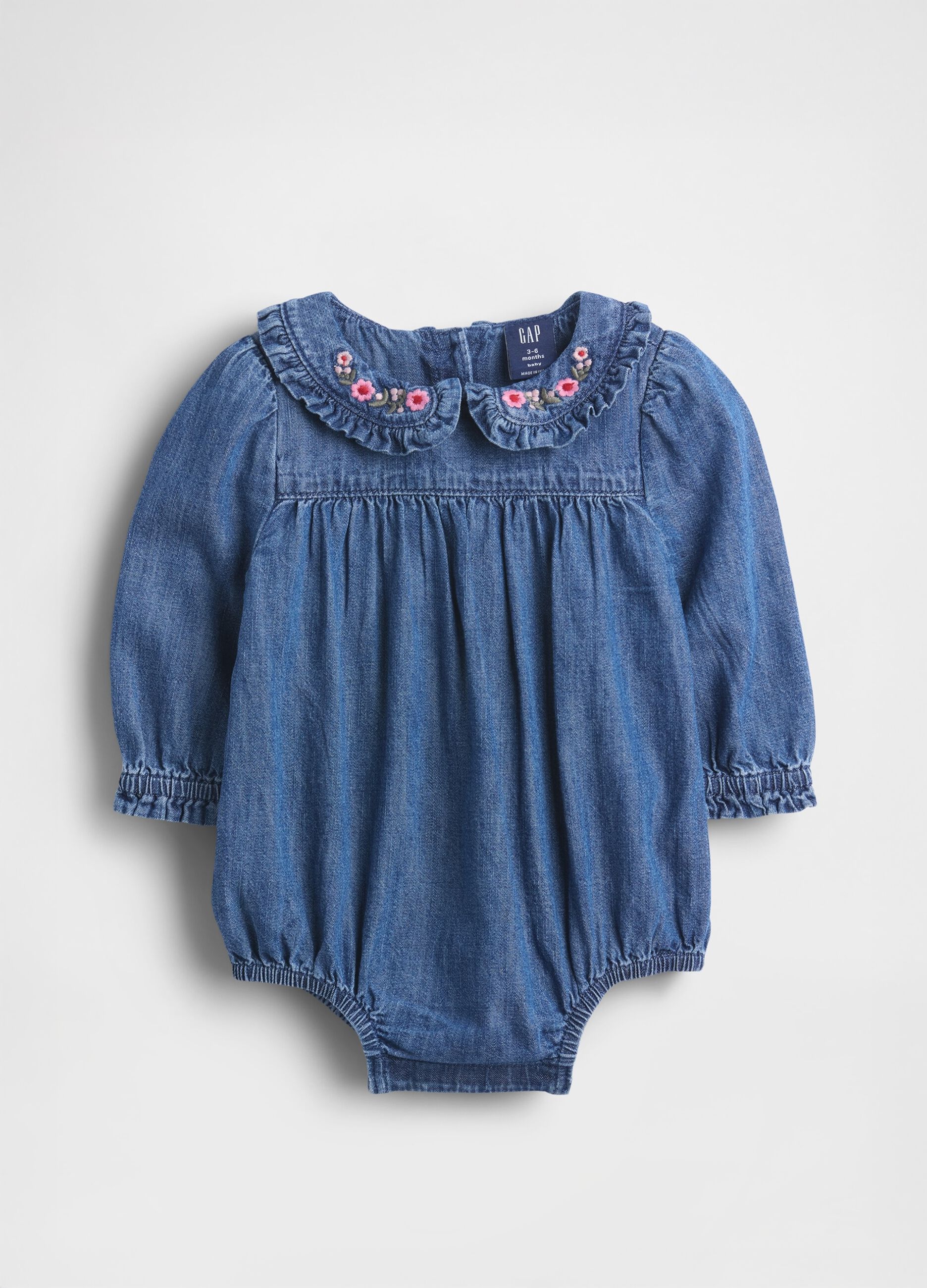 Denim bodysuit with embroidered collar
