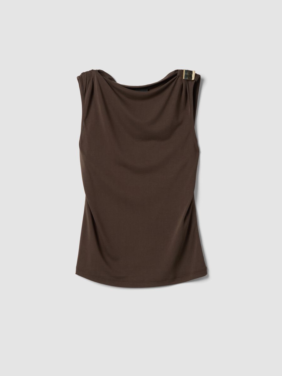 Brown sleeveless viscose-blend top with jewel detail_0