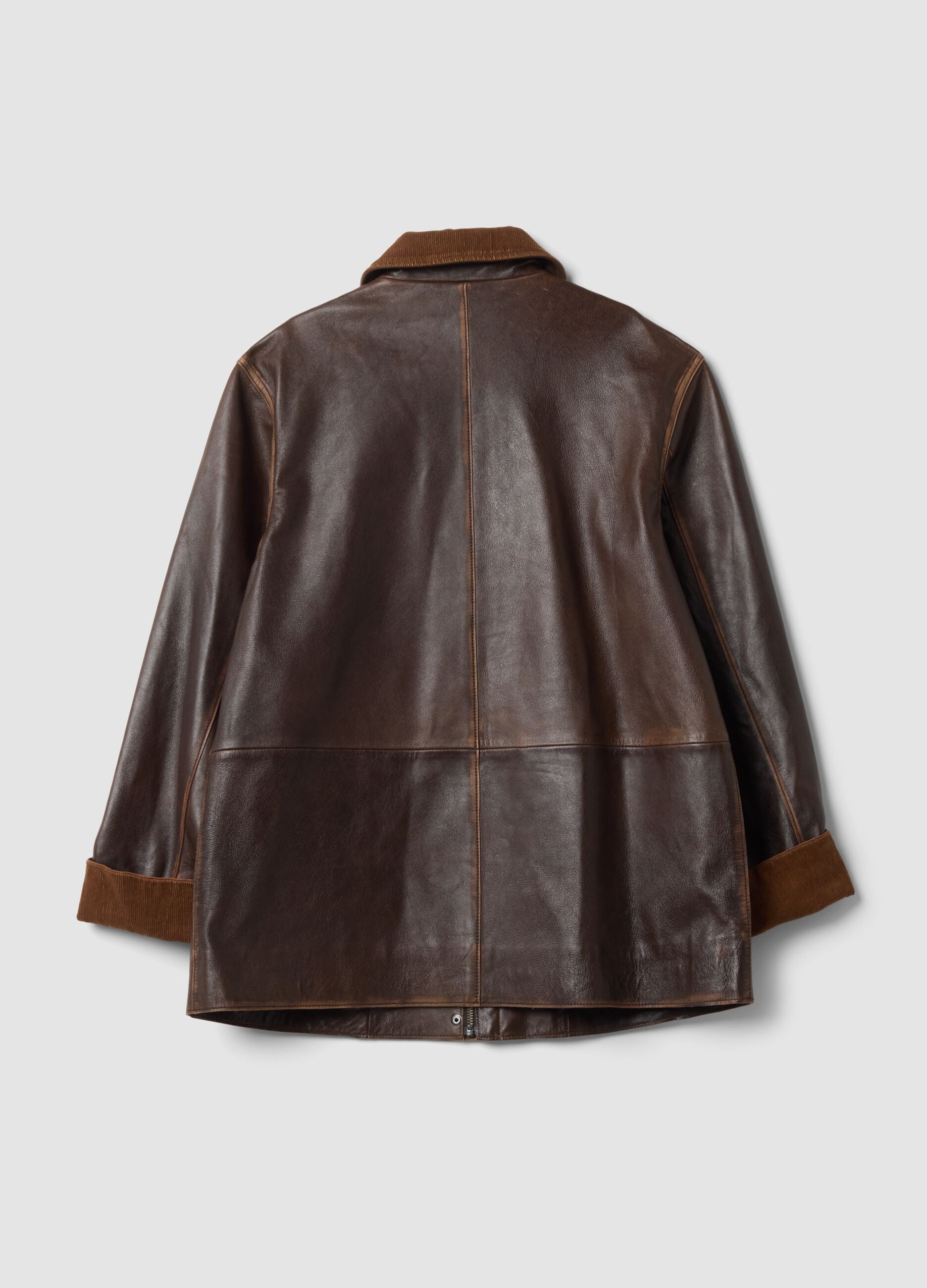 Braune Jacke aus Echtleder mit Cordkragen, Regular Fit