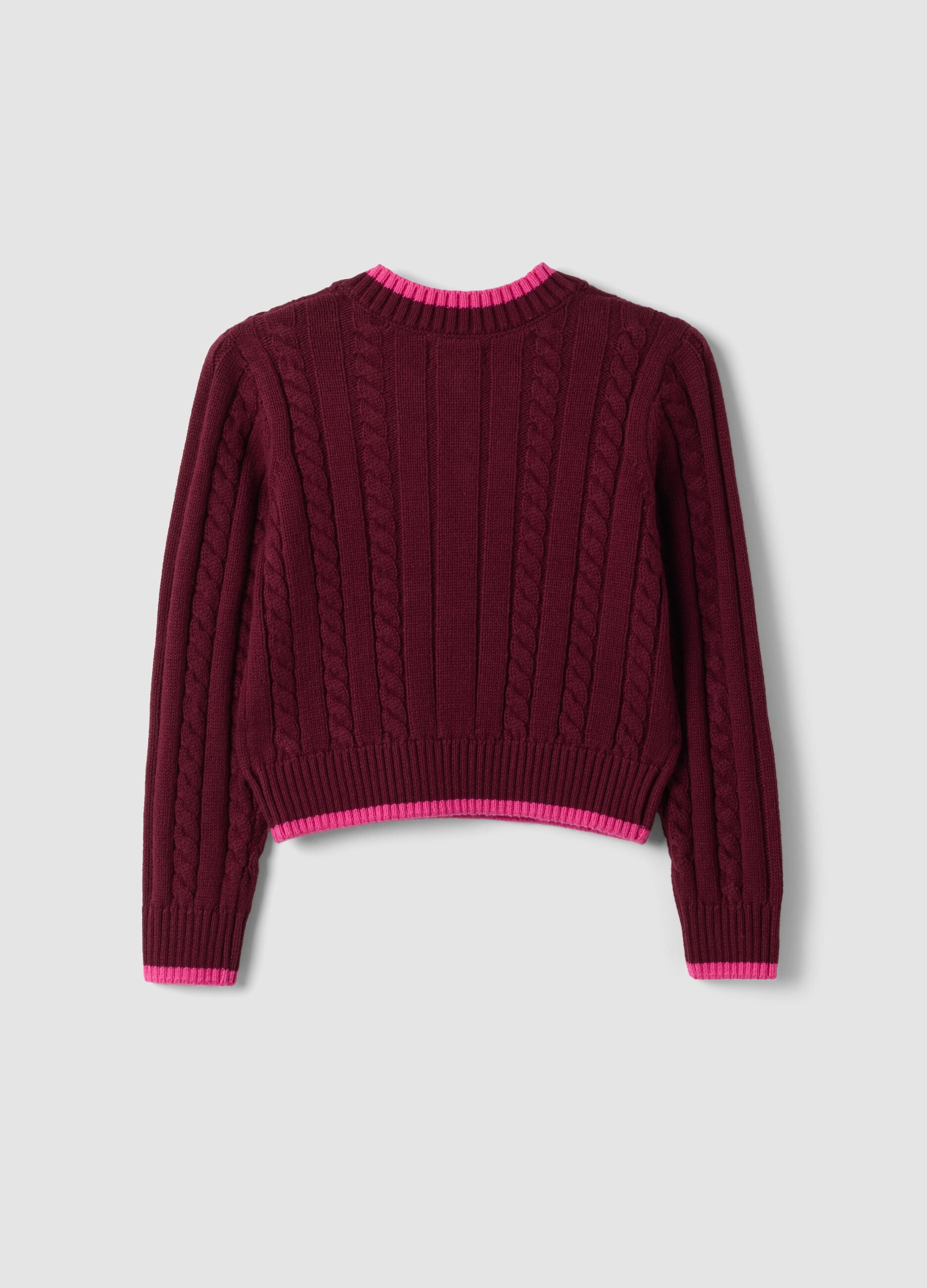 Roter V-Ausschnitt-Pullover aus reiner Baumwolle mit Zopfmuster f&uuml;r M&auml;dchen