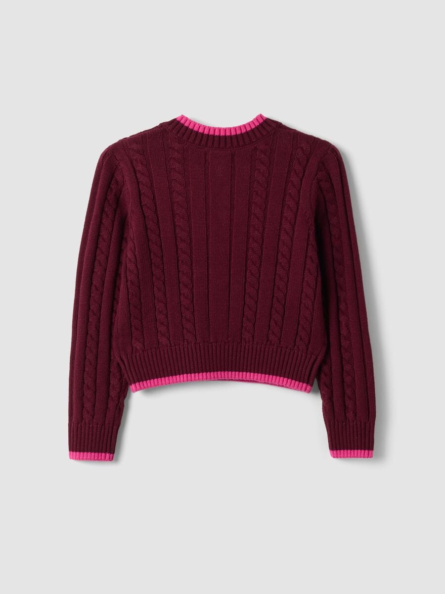 Roter V-Ausschnitt-Pullover aus reiner Baumwolle mit Zopfmuster f&uuml;r M&auml;dchen_1