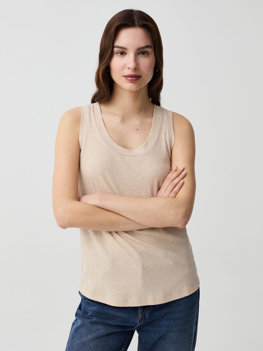 Camiseta de tirantes de lino y algodón con cuello redondo_0