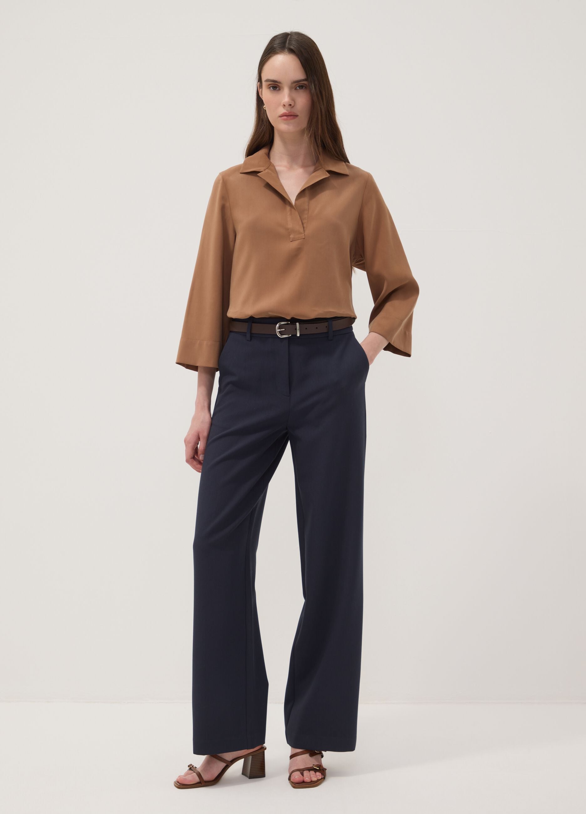 Beige viscose-blend shirt with classic collar