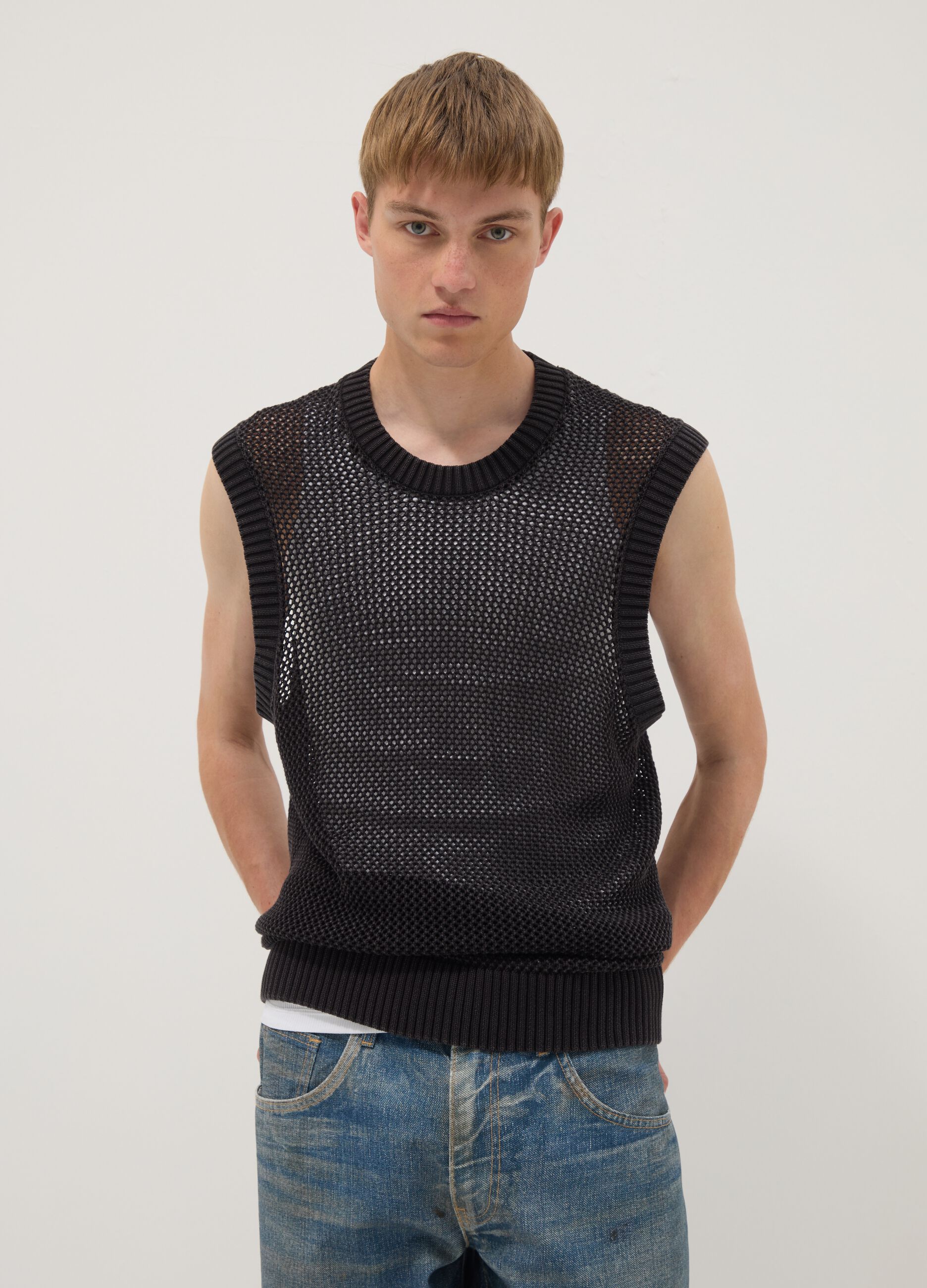 Black pure cotton mesh sleeveless top, oversized fit