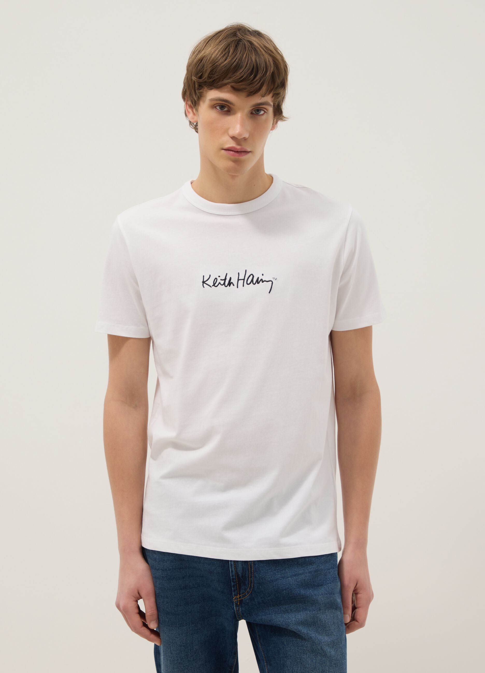 White short-sleeve pure cotton T-shirt with Keith Haring signature