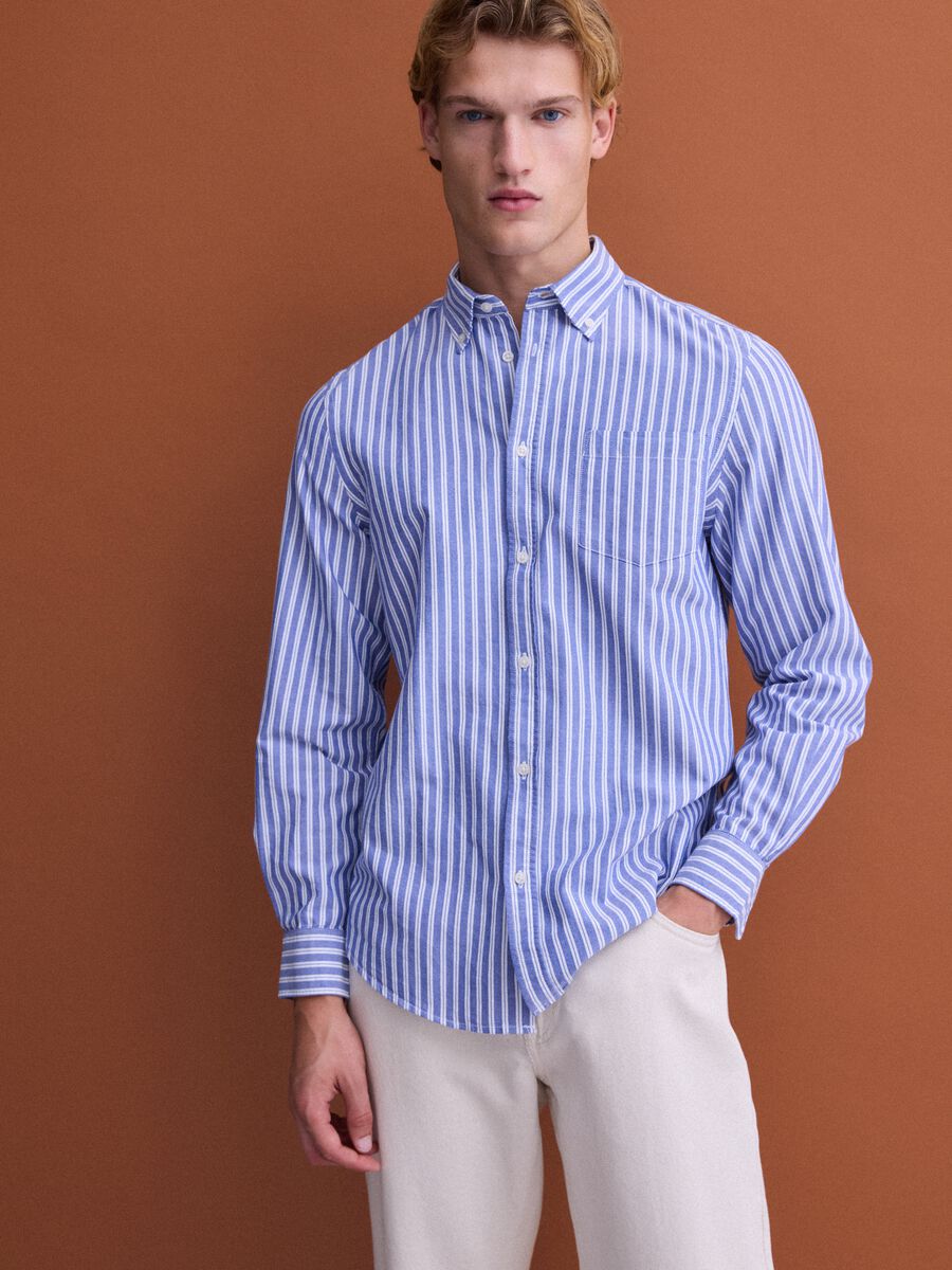 Blue striped pure cotton Oxford shirt, regular fit_0