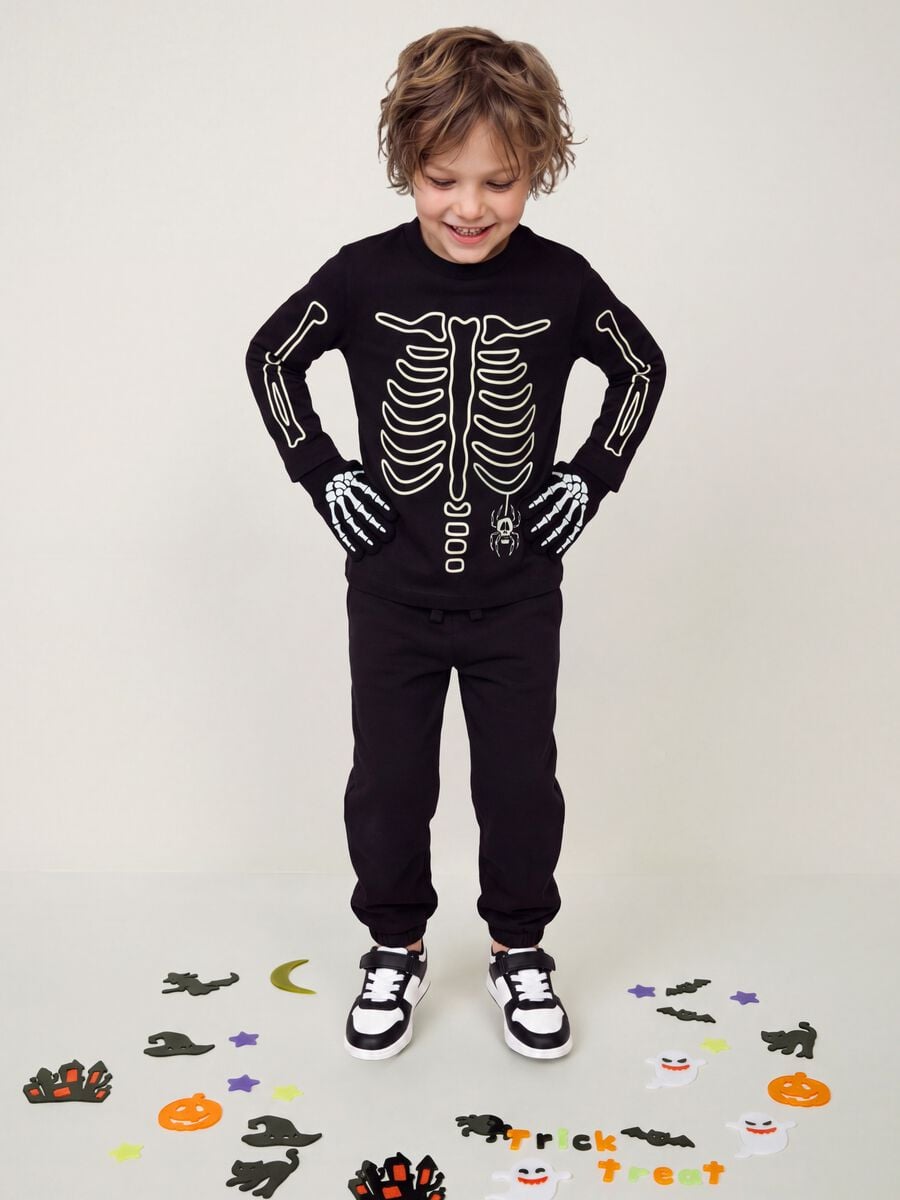 T-shirt nera in puro cotone con girocollo e stampa scheletro_0