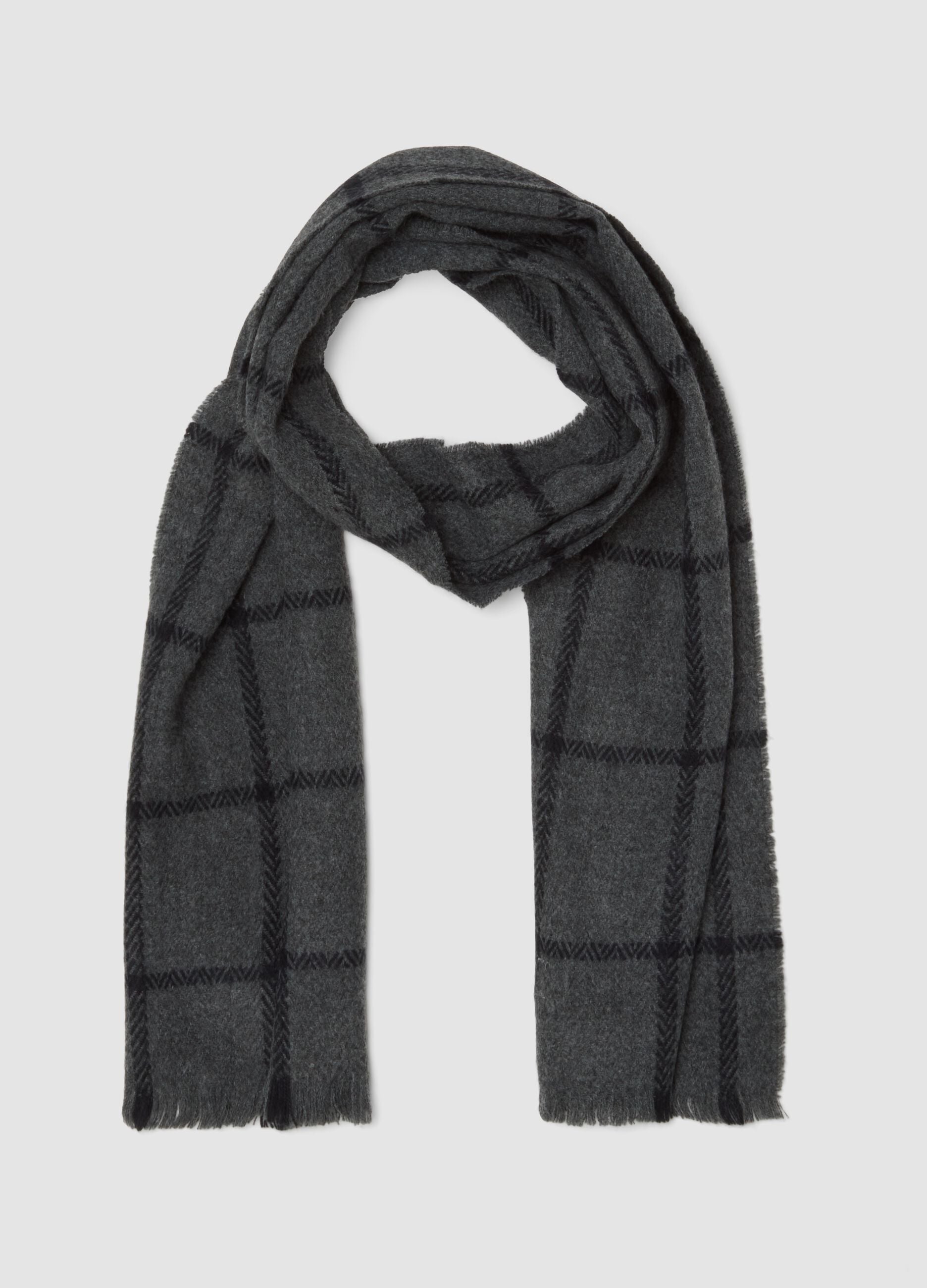 Dark Grey Checked Scarf with Fringes