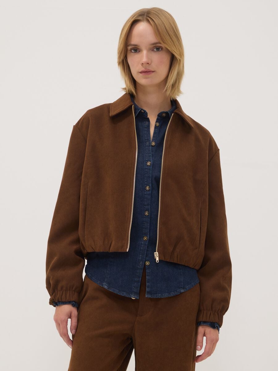 Brauner Stretch-Blazer mit Reissverschluss, Oversize-Fit_0