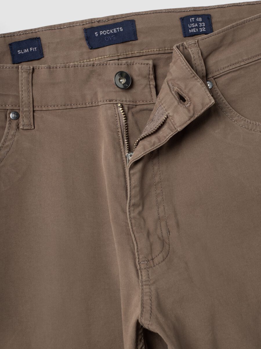 Brown slim-fit stretch cotton twill trousers_1