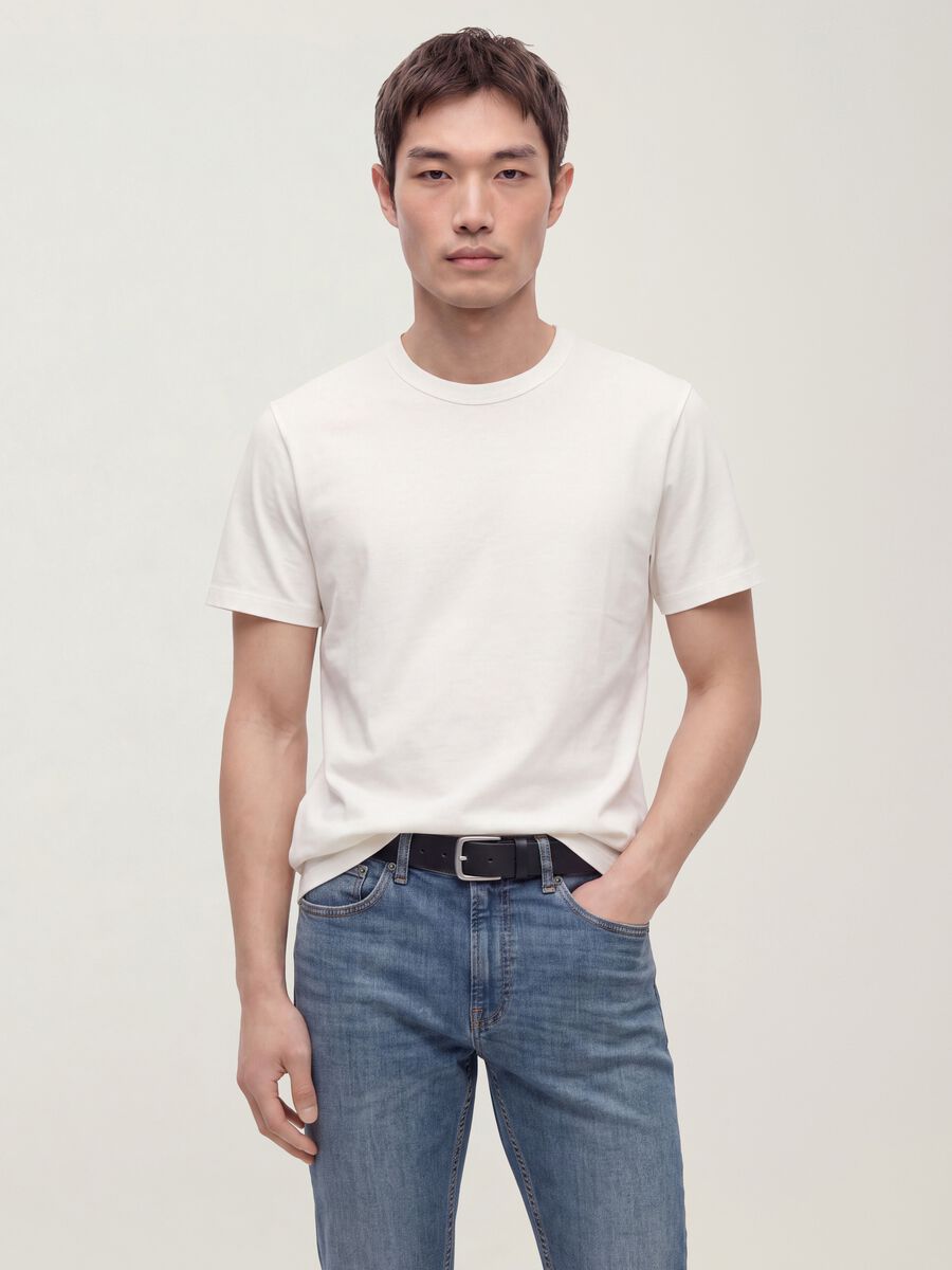White pure cotton crew-neck T-shirt, relaxed fit_0
