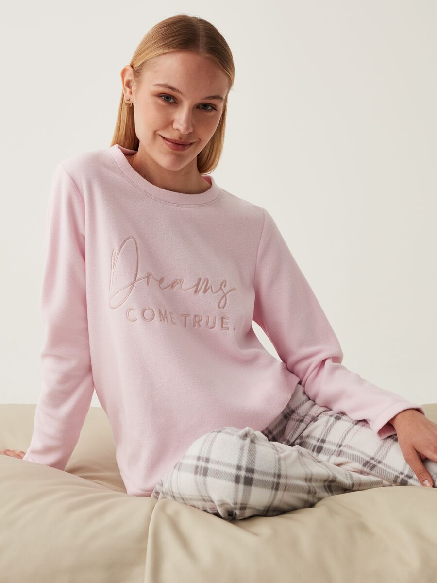 Fleece pyjama top with lettering embroidery_0