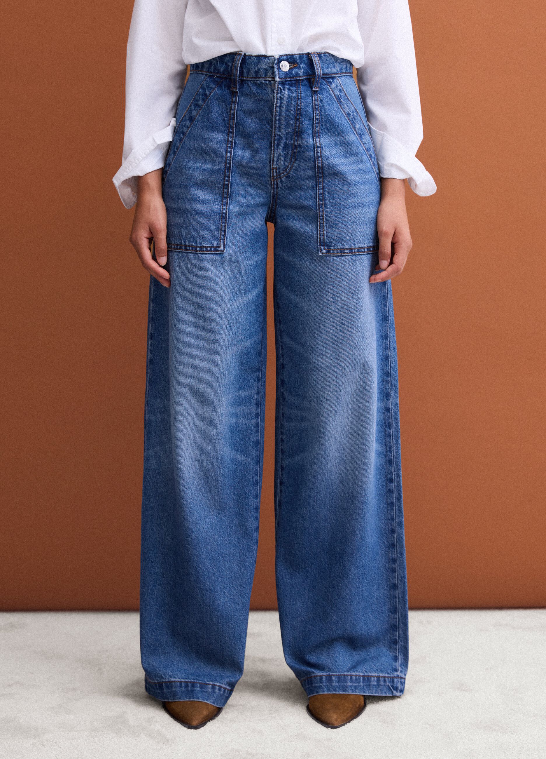 Blue denim wide-leg jeans in pure cotton