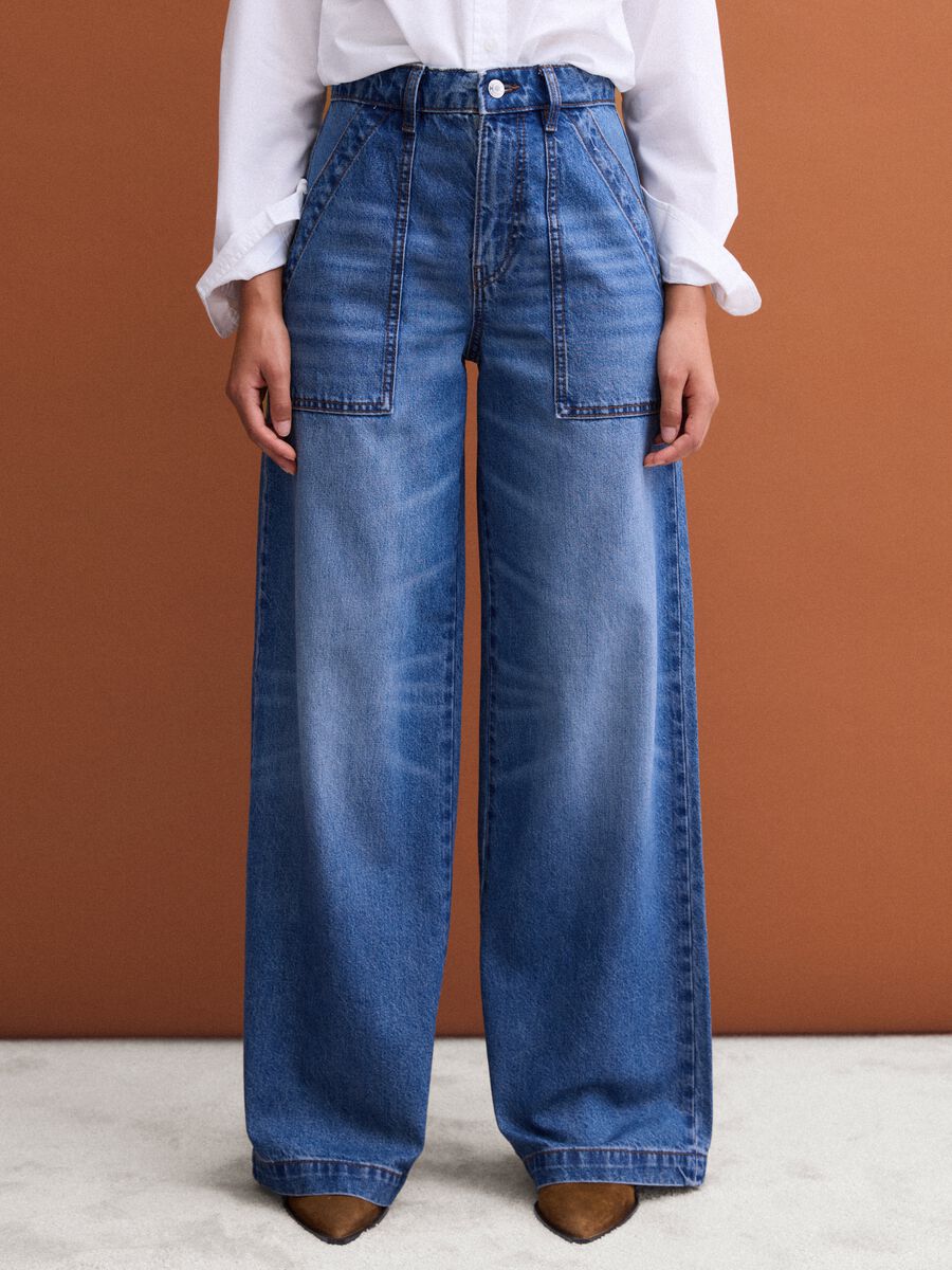 Jeans de ganga azul wide leg em algod&atilde;o puro_1