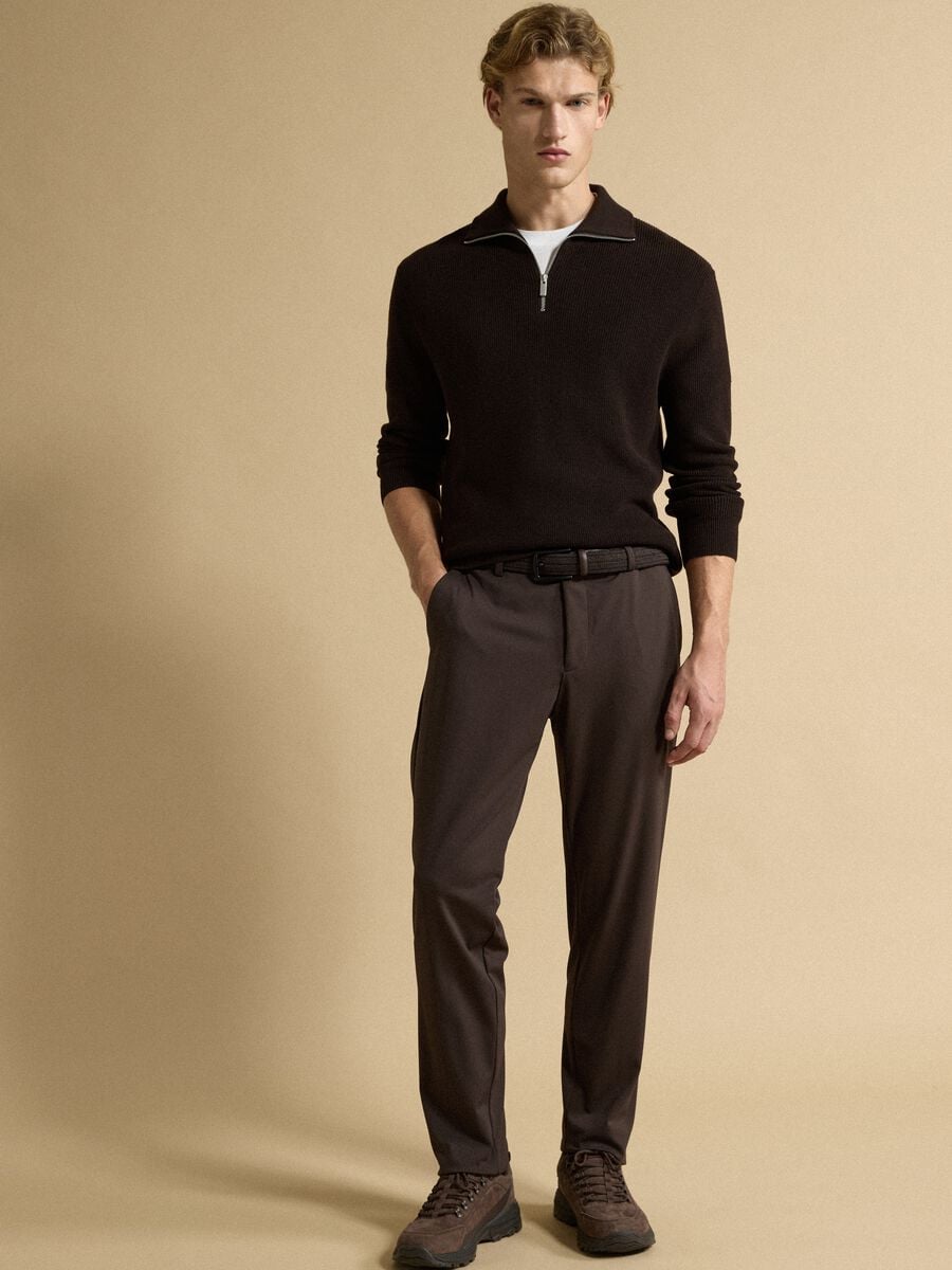 Brown slim-fit formal trousers in 4-way stretch fabric_0