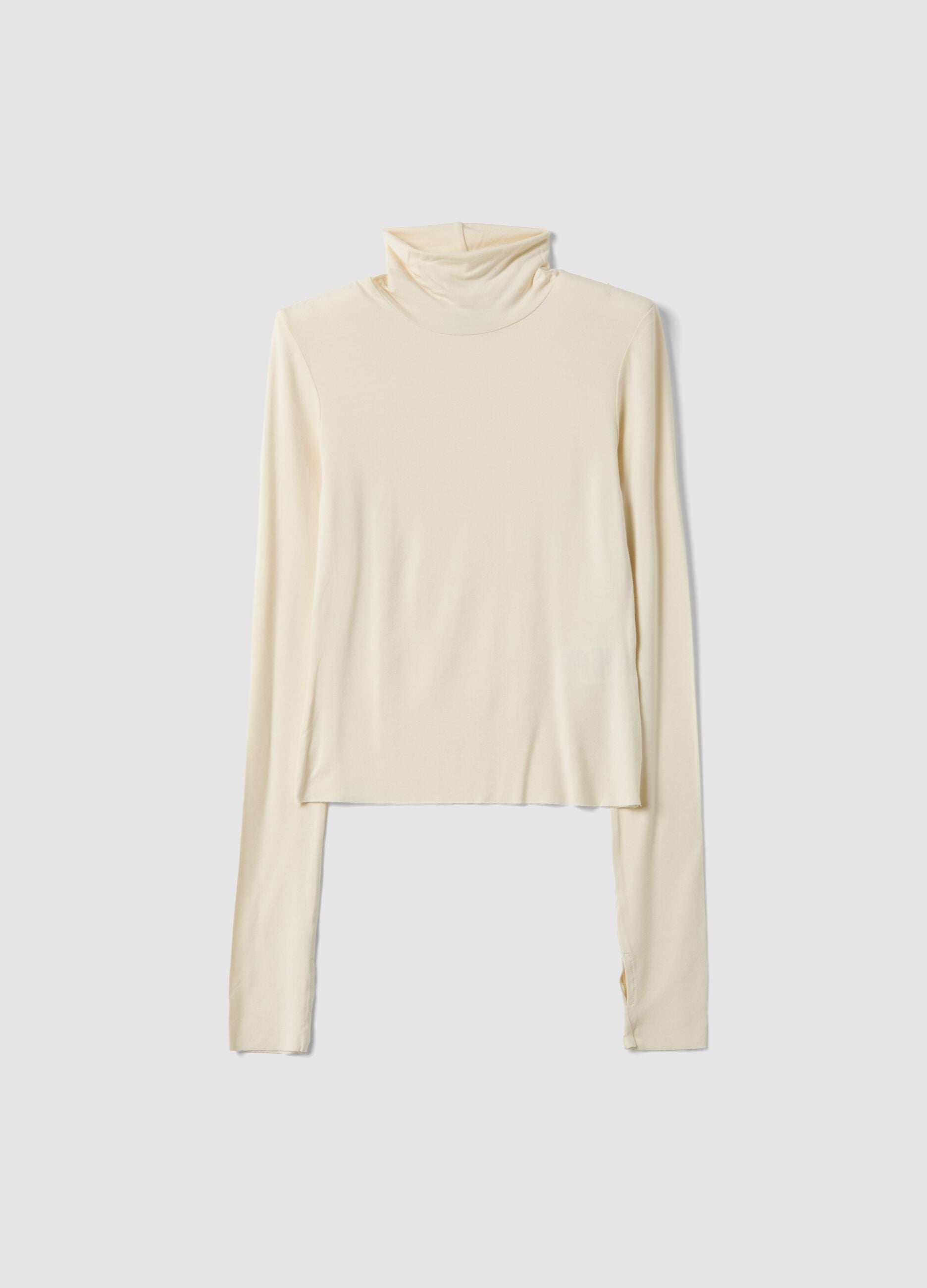 White stretch viscose top with mock neck, slim fit