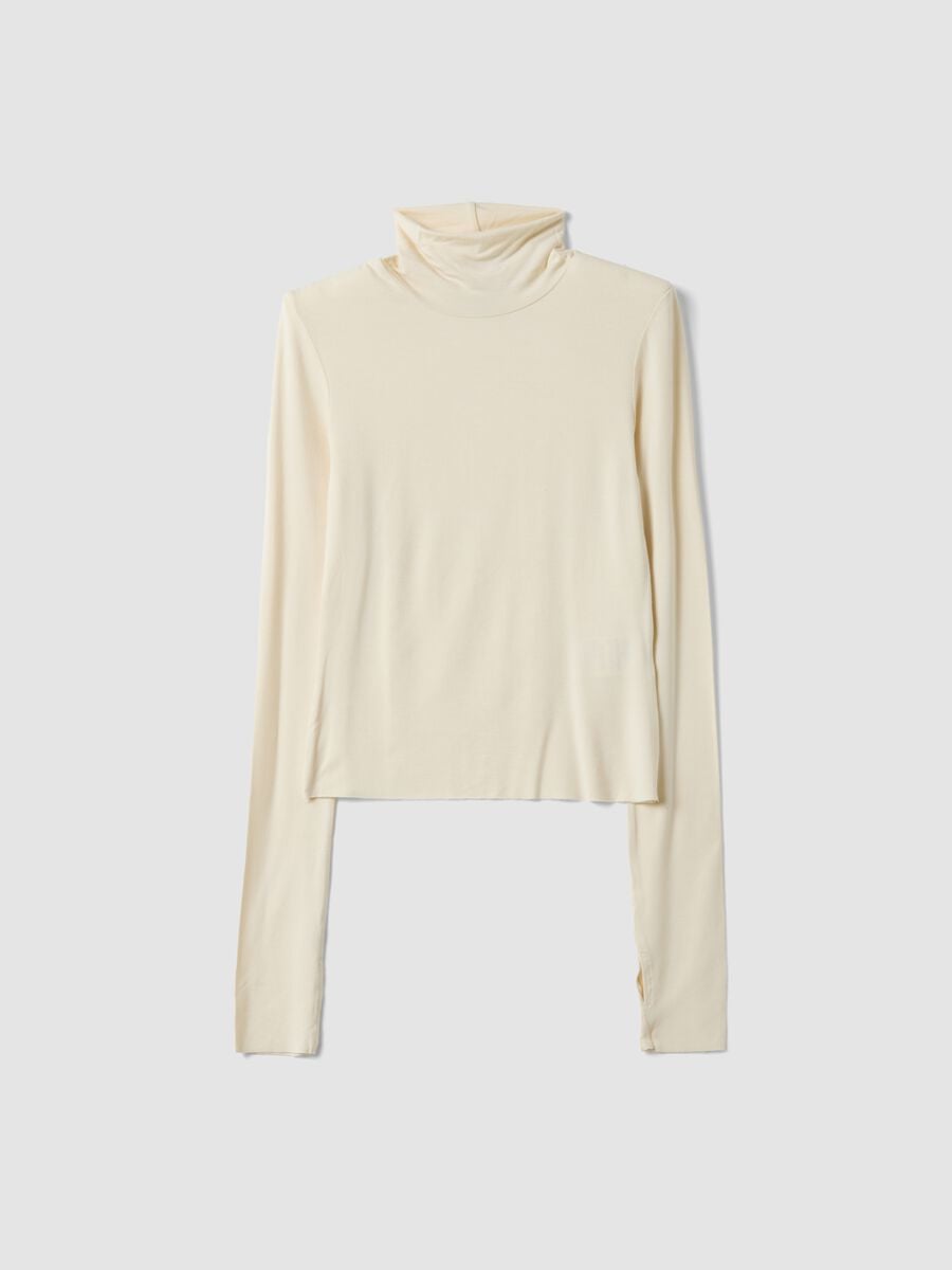 White stretch viscose top with mock neck, slim fit_0