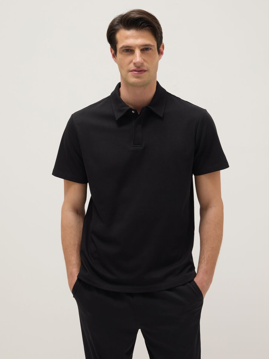 Black short-sleeved cotton blend polo regular fit_0
