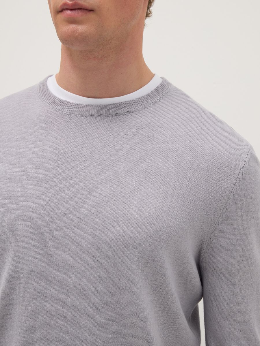 Grey cotton blend crew neck pullover, regular fit_3