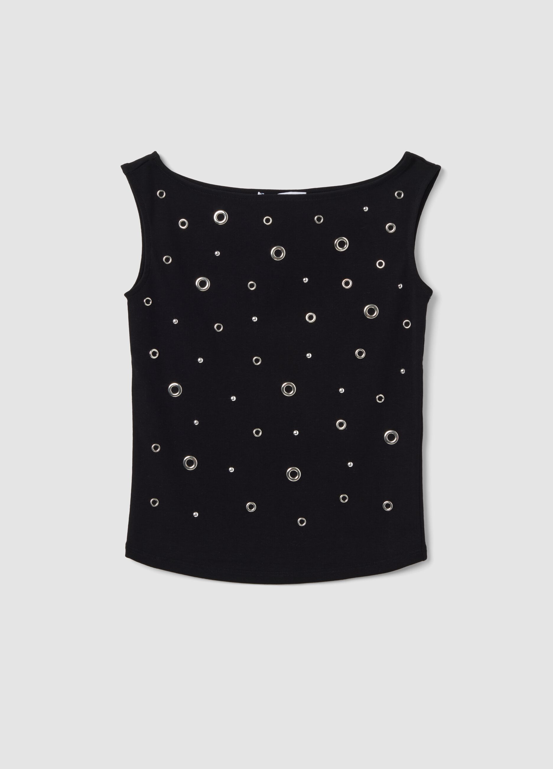 Black stretch cotton top with metal eyelets, regular fit