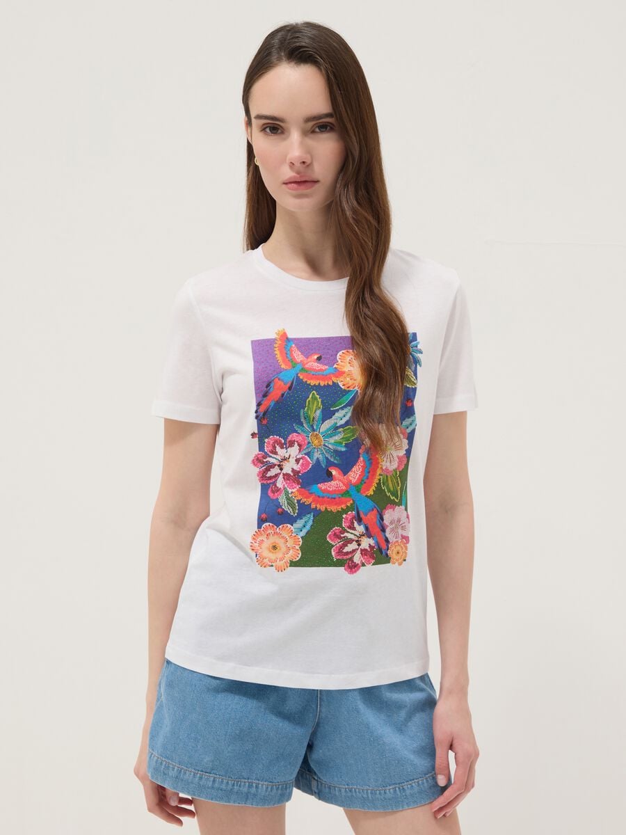 White pure cotton T-shirt with floral print_1