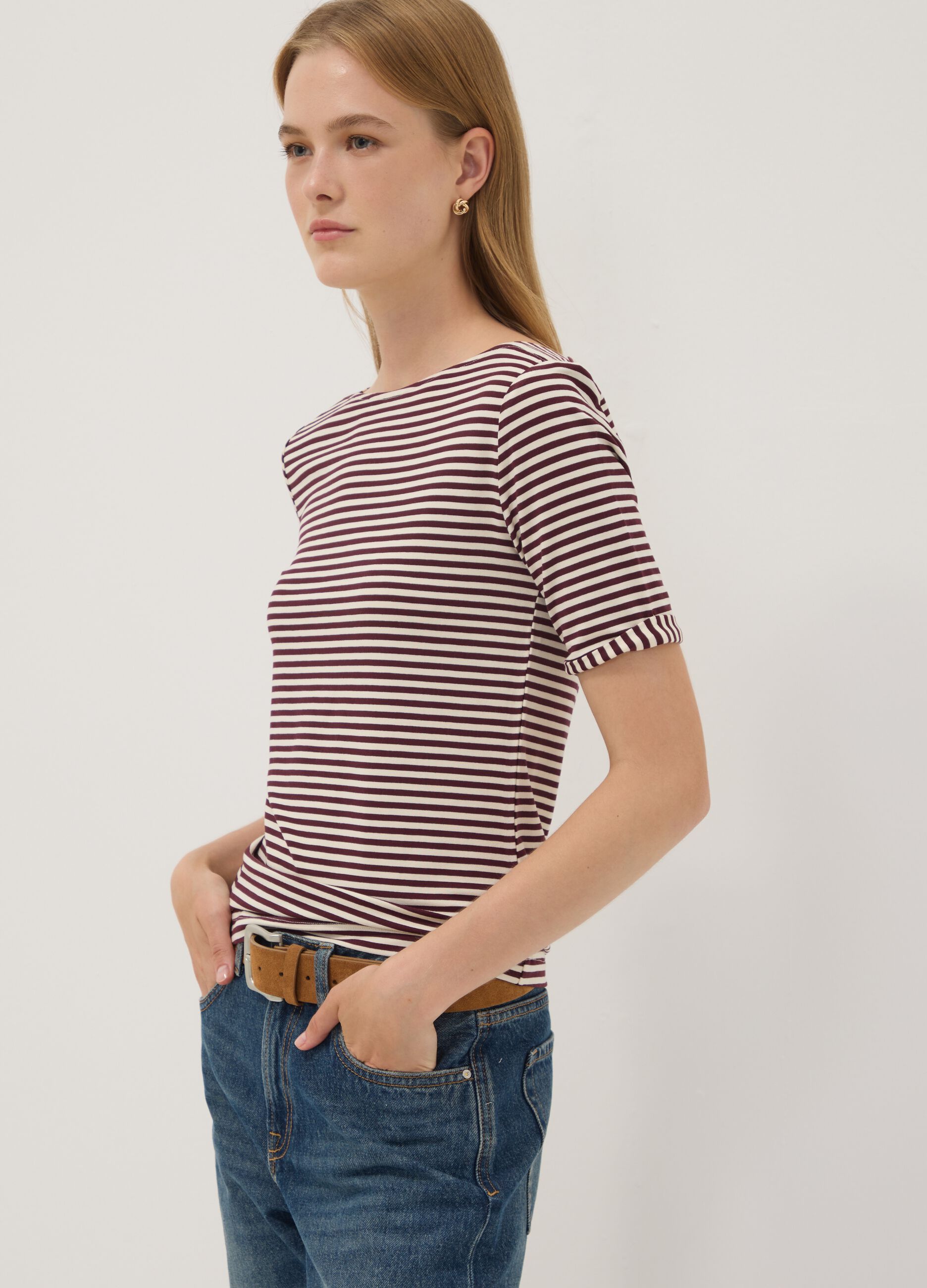 White striped stretch viscose T-shirt