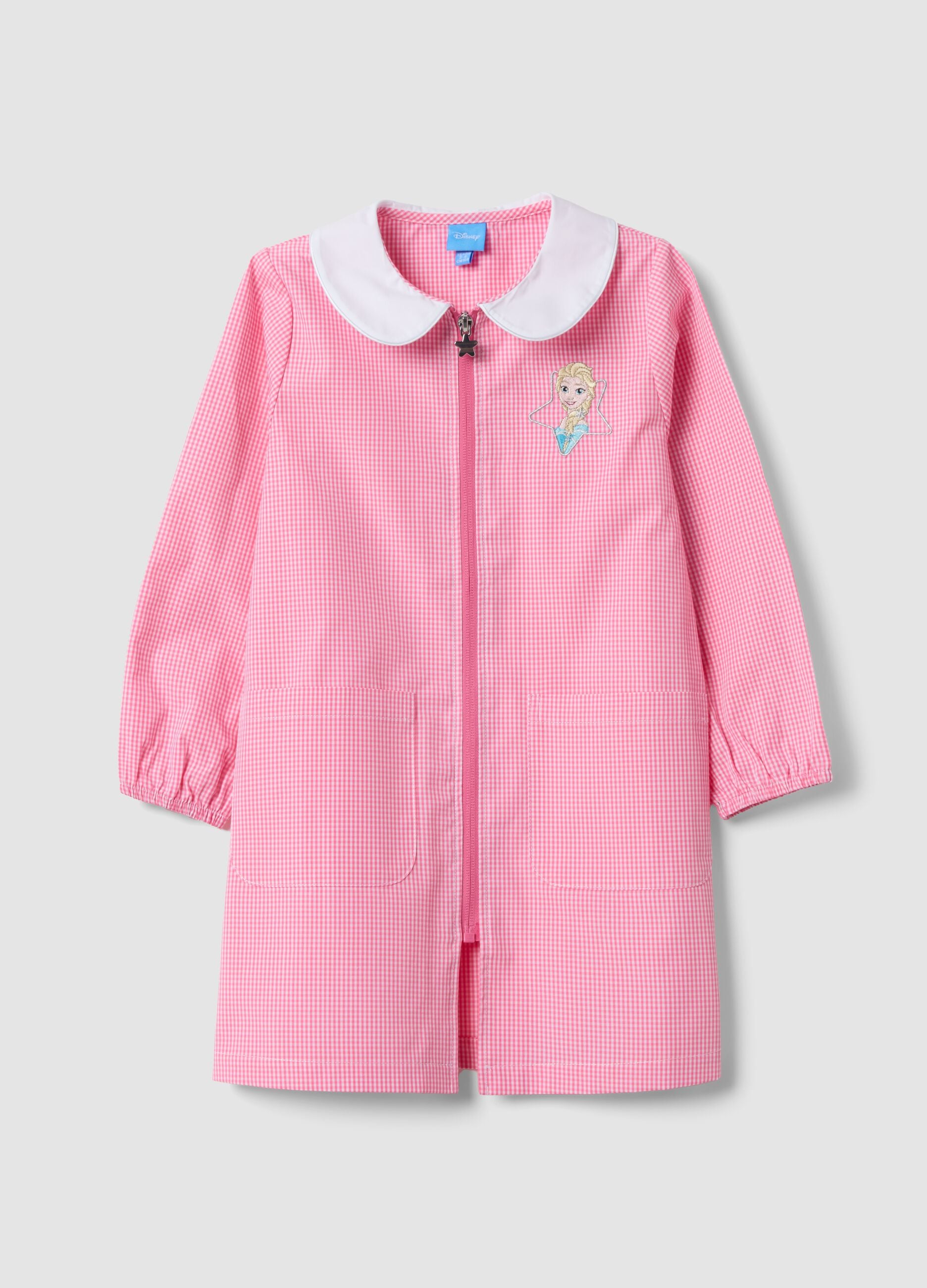 Pink gingham nursery apron with zip, white collar and Frozen embroidery