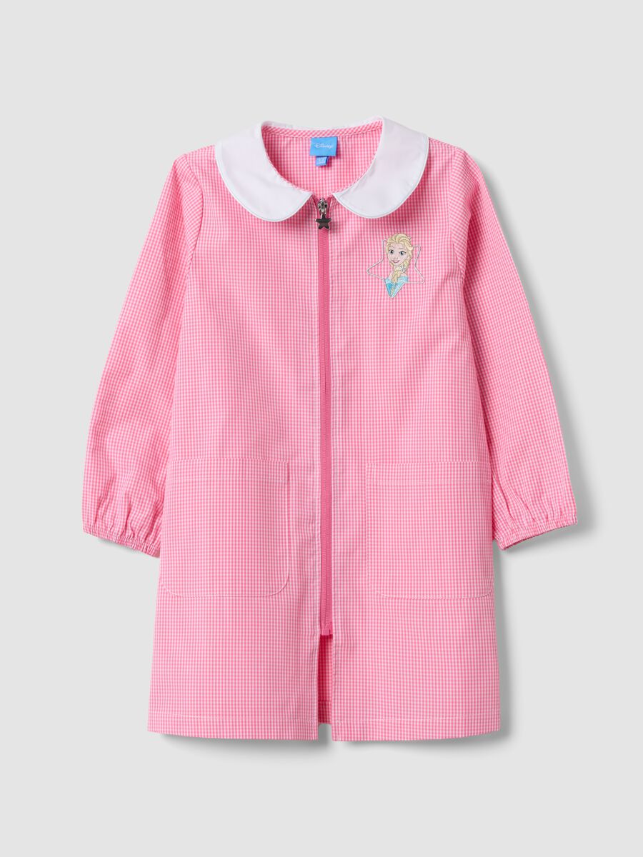 Pink gingham nursery apron with zip, white collar and Frozen embroidery_0