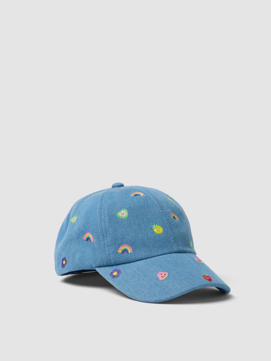 Blue denim pure cotton girl's hat with embroidery_0