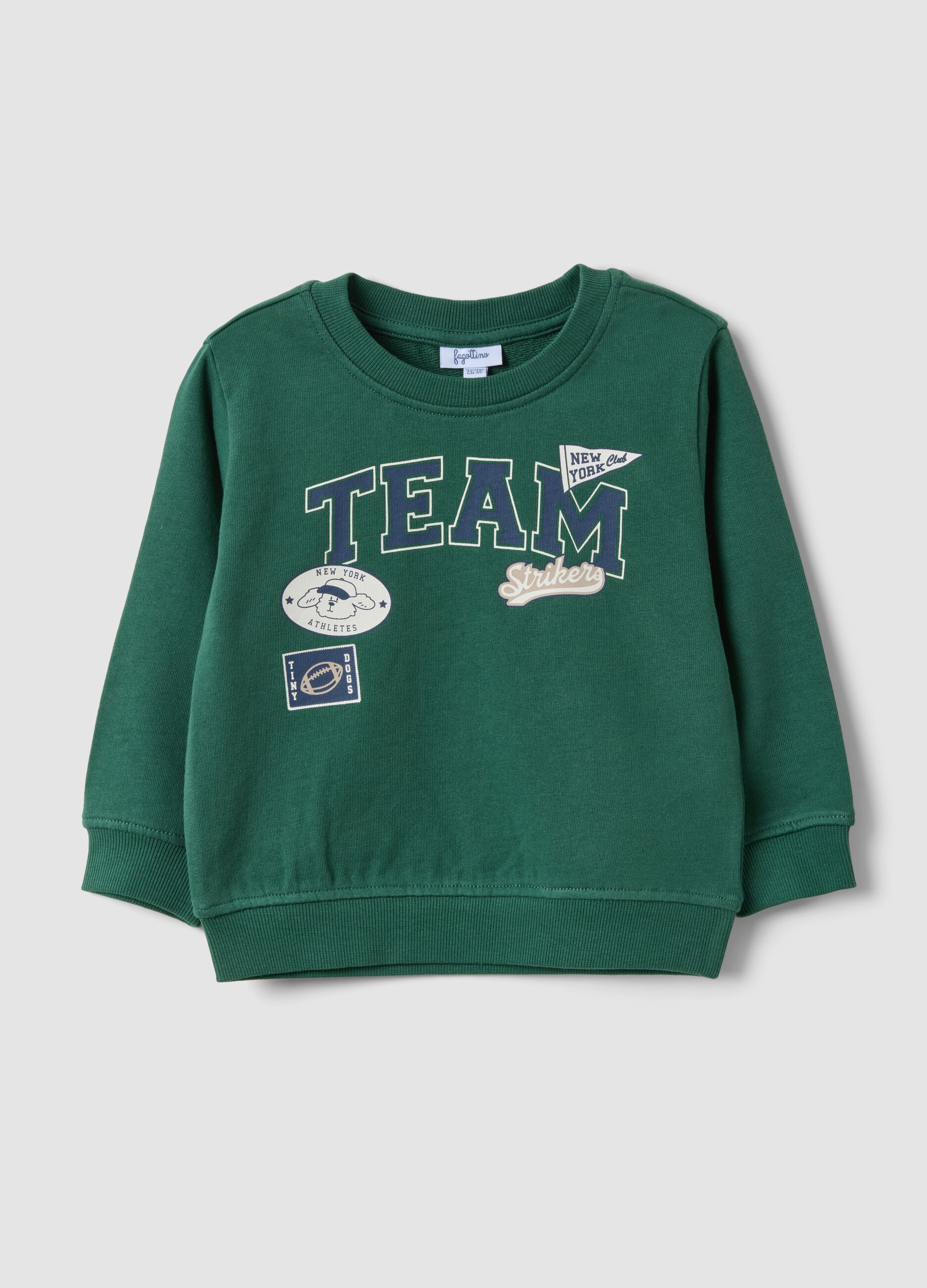 Felpa verde in puro cotone con girocollo e stampa per bimbo regular fit