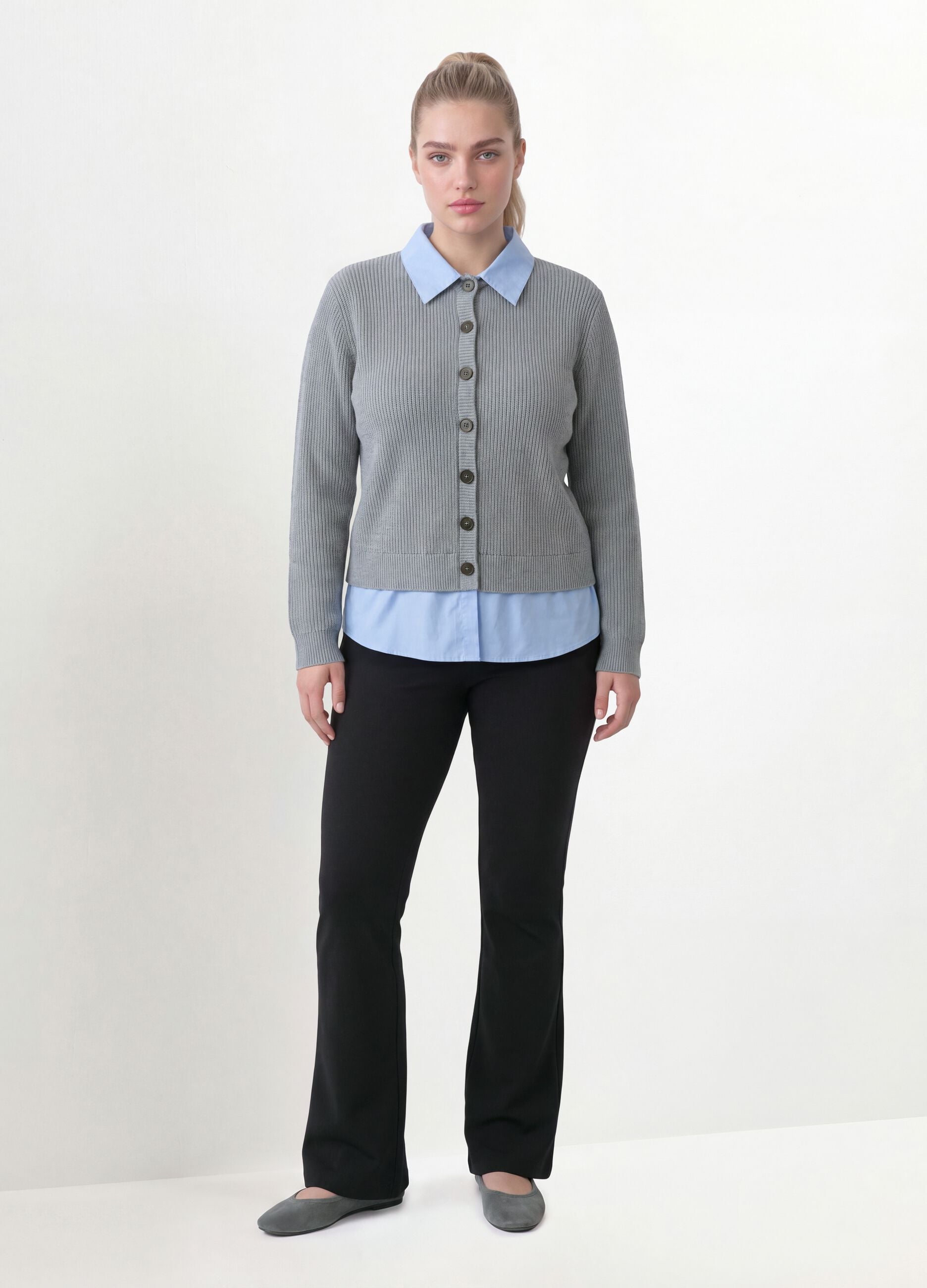 Cardigan grigio con colletto regular fit a coste effetto doppio strato