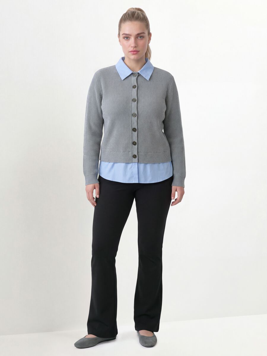 Grey rib-knit regular-fit cardigan with collar and layered-look detail_1