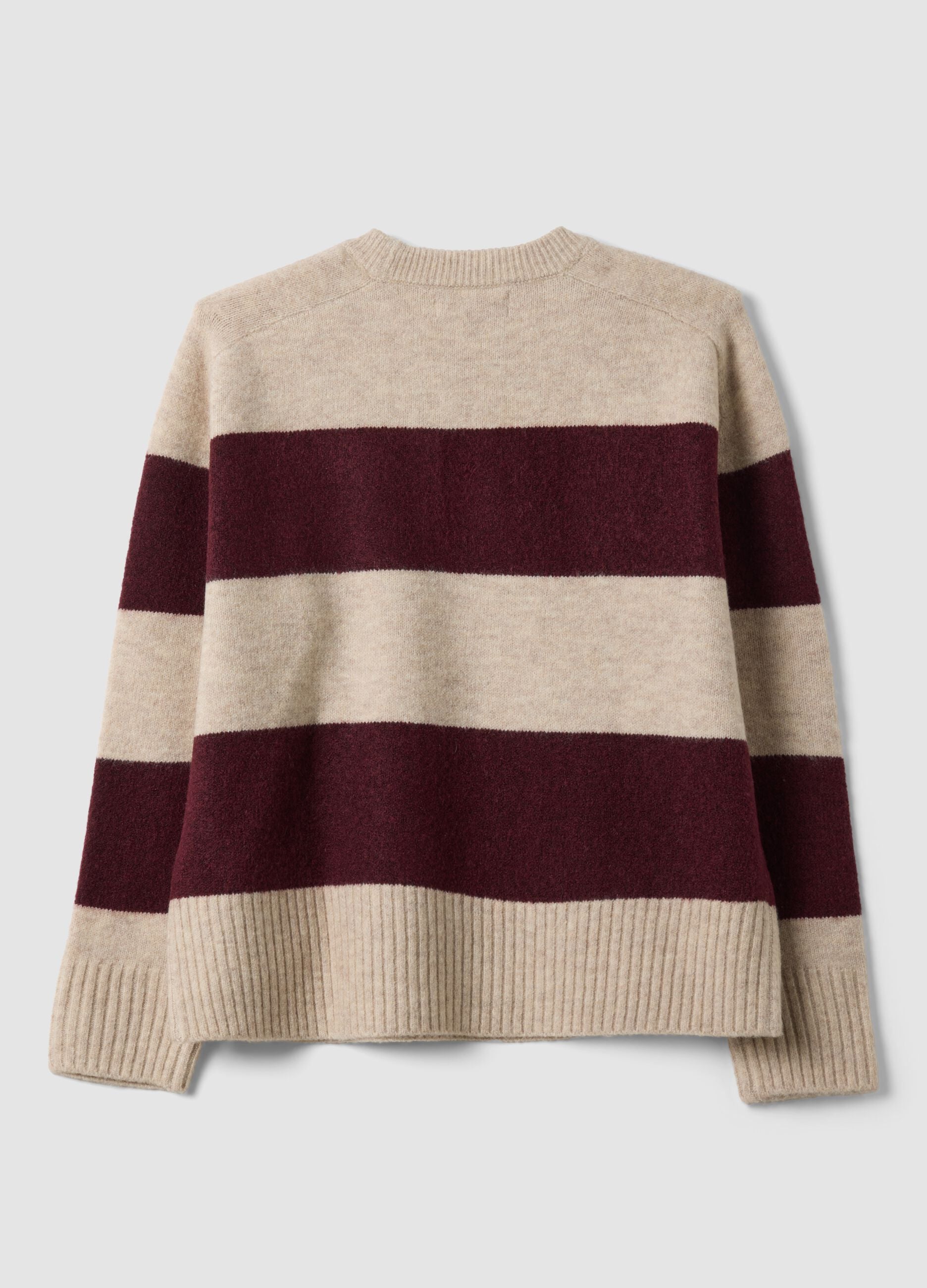 Beiger, gestreifter Crew-Neck-Pullover aus Stretchwolle