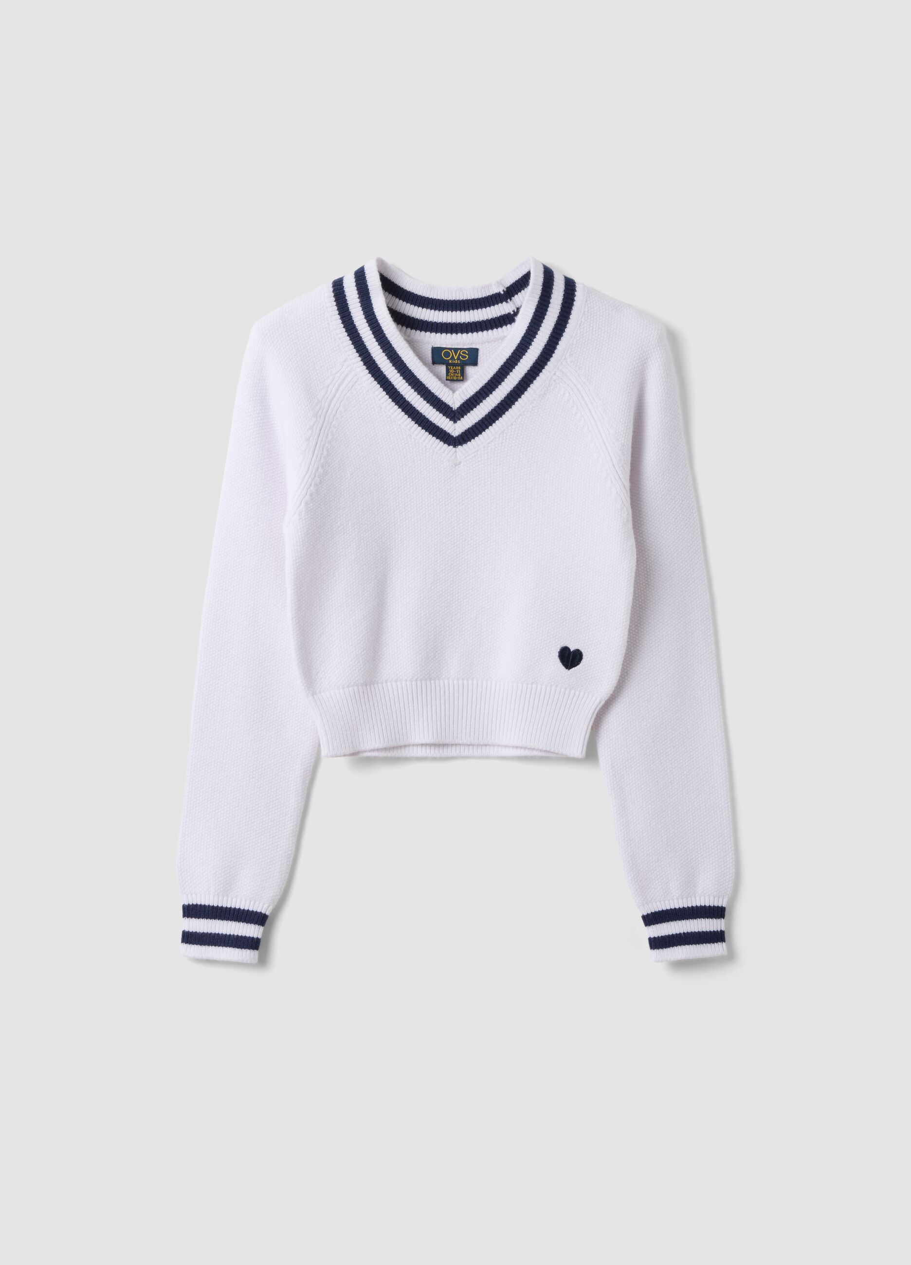 White V-neck viscose-blend jumper with striped trims for girls