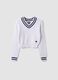 White V-neck viscose-blend jumper with striped trims for girls_3