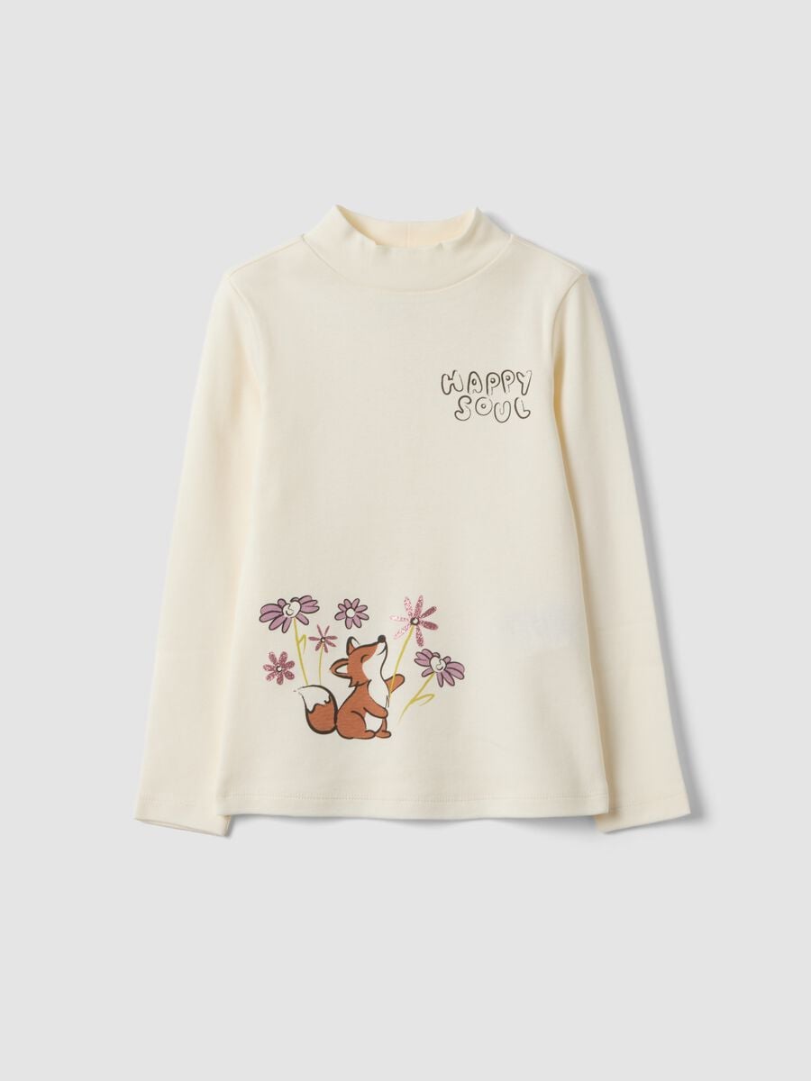 T-shirt bianca in puro cotone organico con collo rialzato e stampa animaletti_0