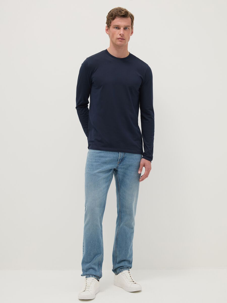 Regular Fit Long-Sleeve Stretch Cotton Blue T-shirt_1