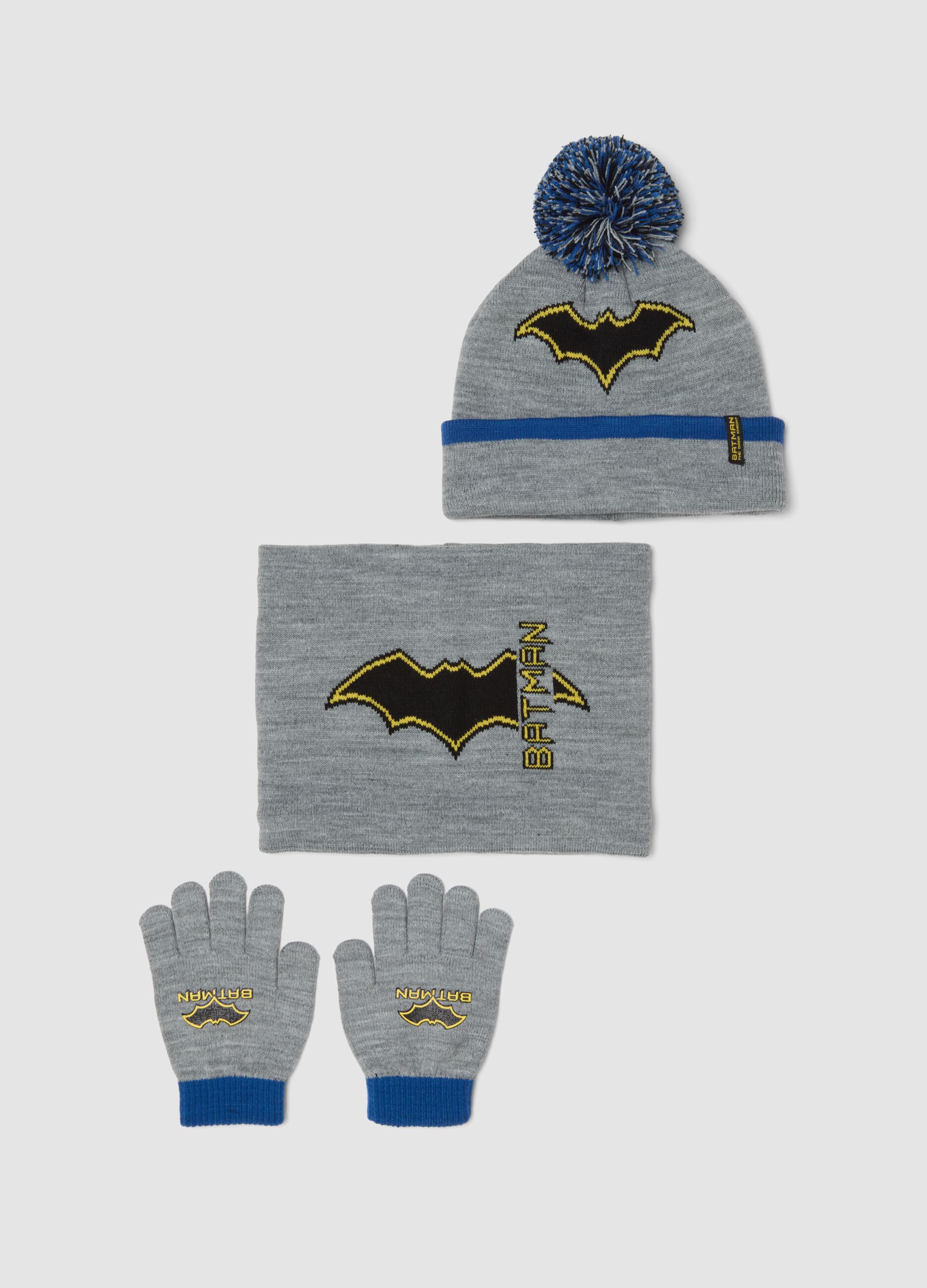 Grey Batman hat, neck warmer and gloves set