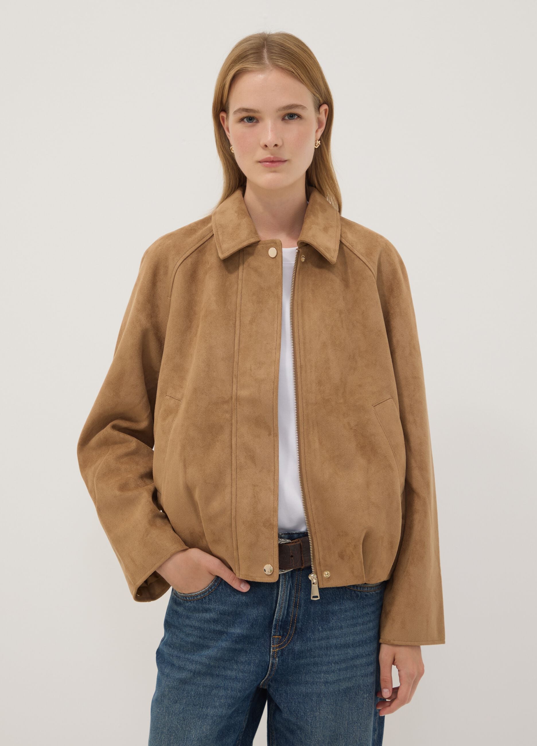 Beige regular-fit jacket with zip and buttons