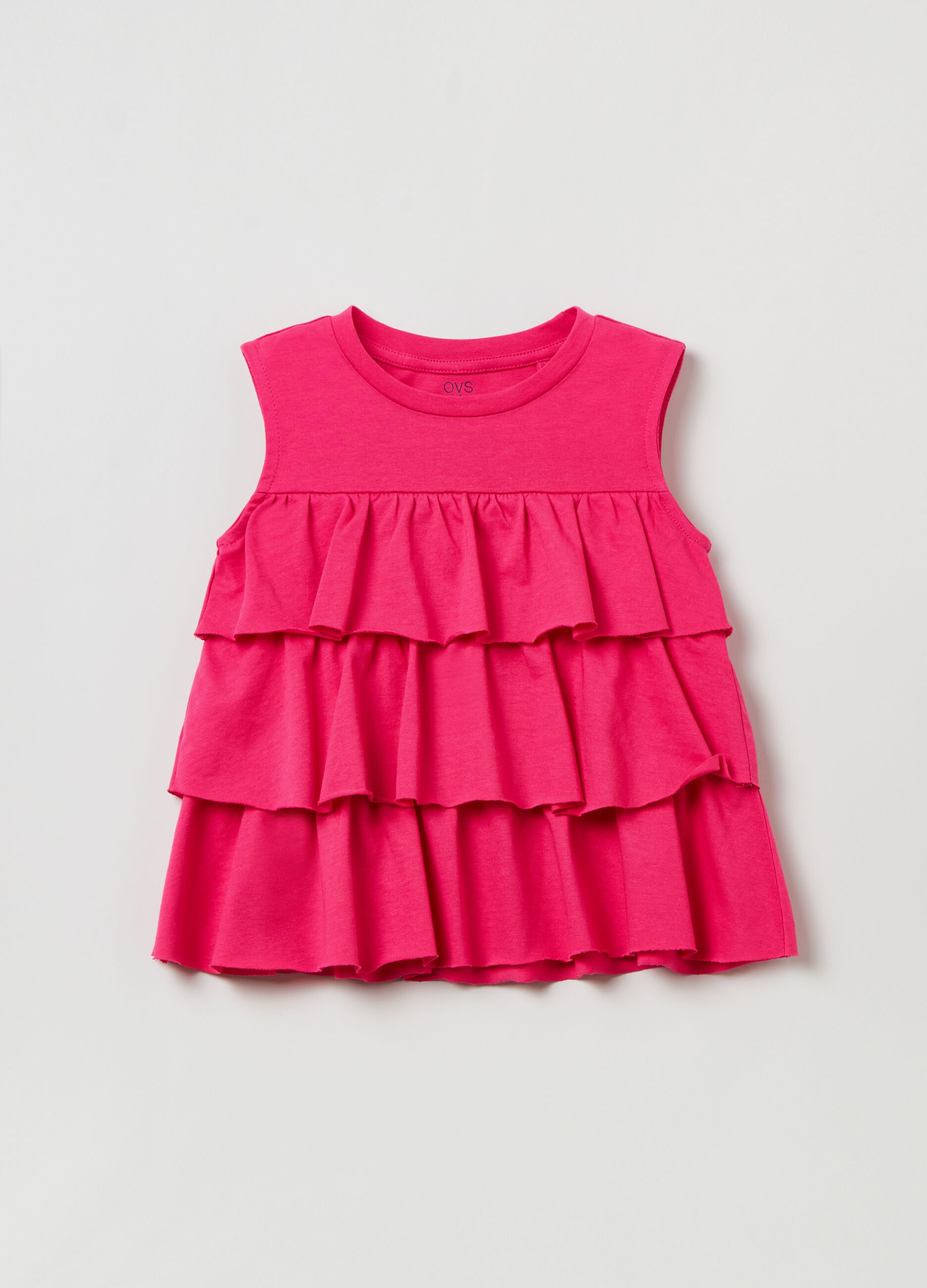 Sleeveless T-shirt in cotton with flounces