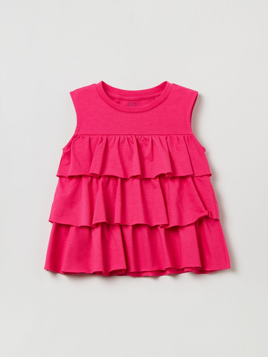 Sleeveless T-shirt in cotton with flounces_0