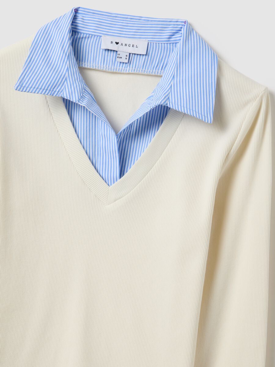 Beige regular fit stretch cotton T-shirt with contrast collar_5