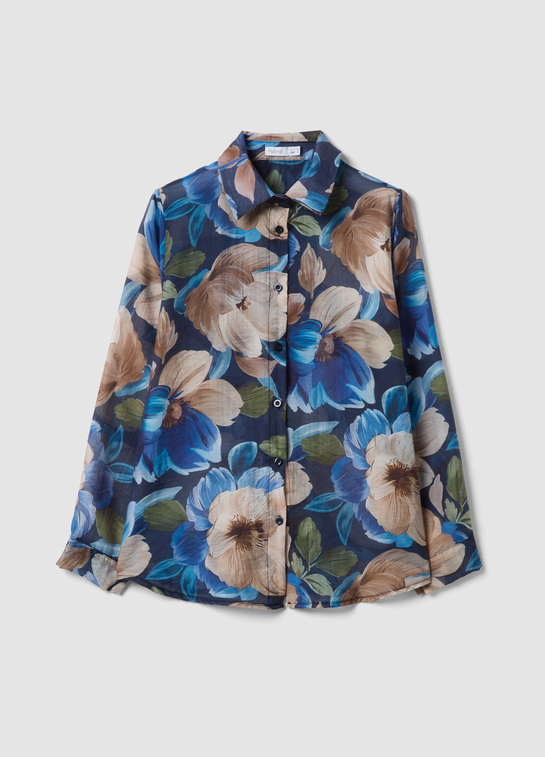 Blue lyocell-blend shirt with floral print