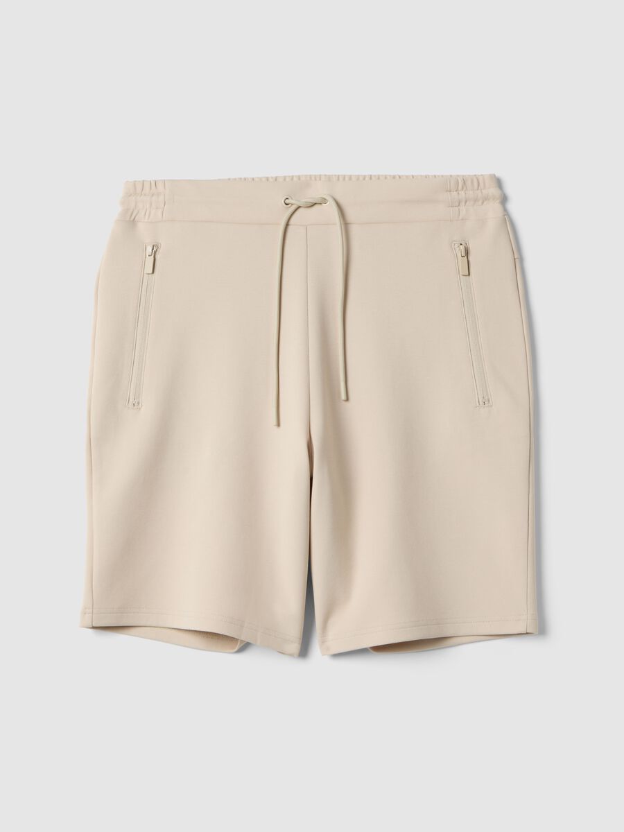 Beige regular fit stretch cotton blend bermuda shorts_4